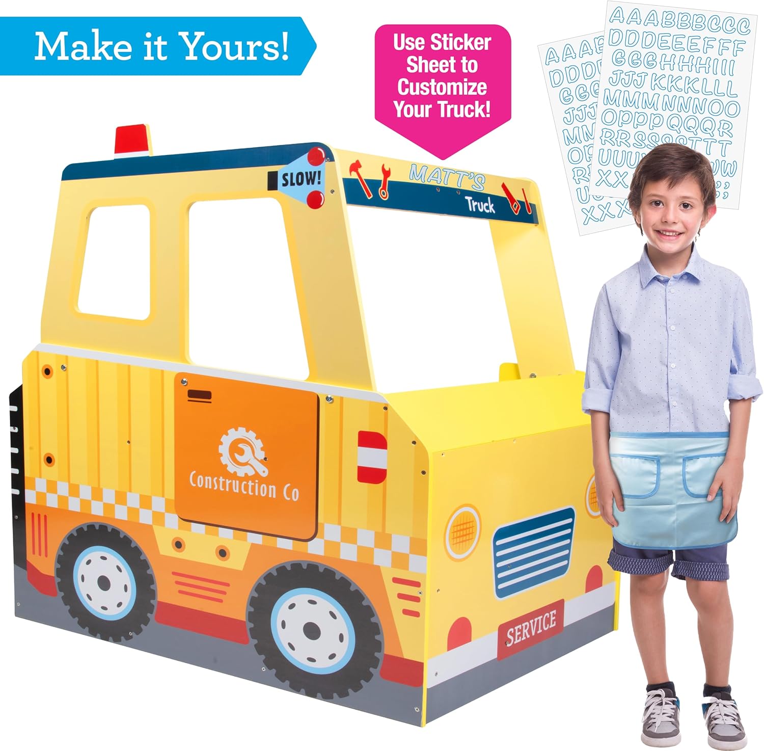 Construction Truck Wooden Kids Playset w 60+ Toy Pieces- Pretend Hammer, Saw, Bolts, Screws- Spinning Turn Saw, Steering Wheel, Wood to Pull Apart- Dual Sided Stand Center, Workbench Building Activity