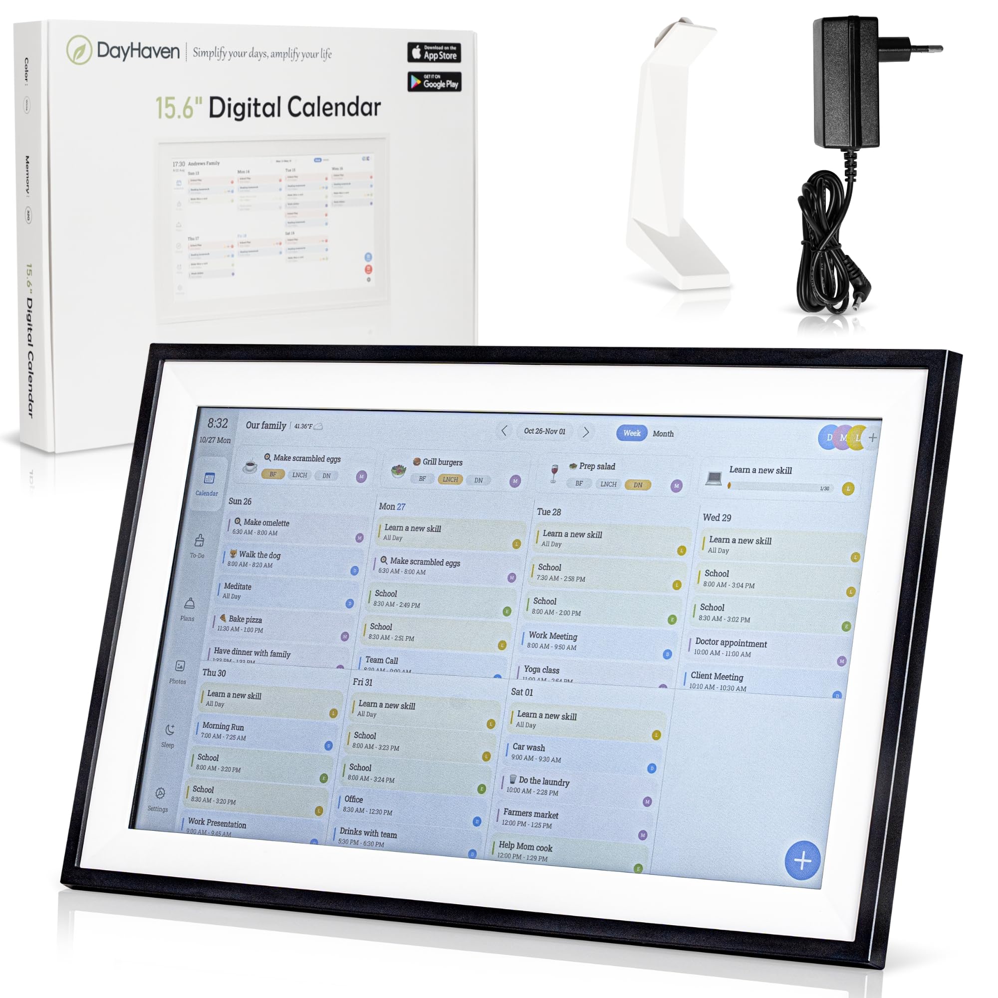 Kalender: 15,6 Zoll Smart Family Organizer & Digitaler Wandplaner mit Touchscreen, Aufgabendiagramm und Mahlzeitenplanung – Wandhalterung oder Arbeitsplatte, Command Center, Weiß 2025 Edition