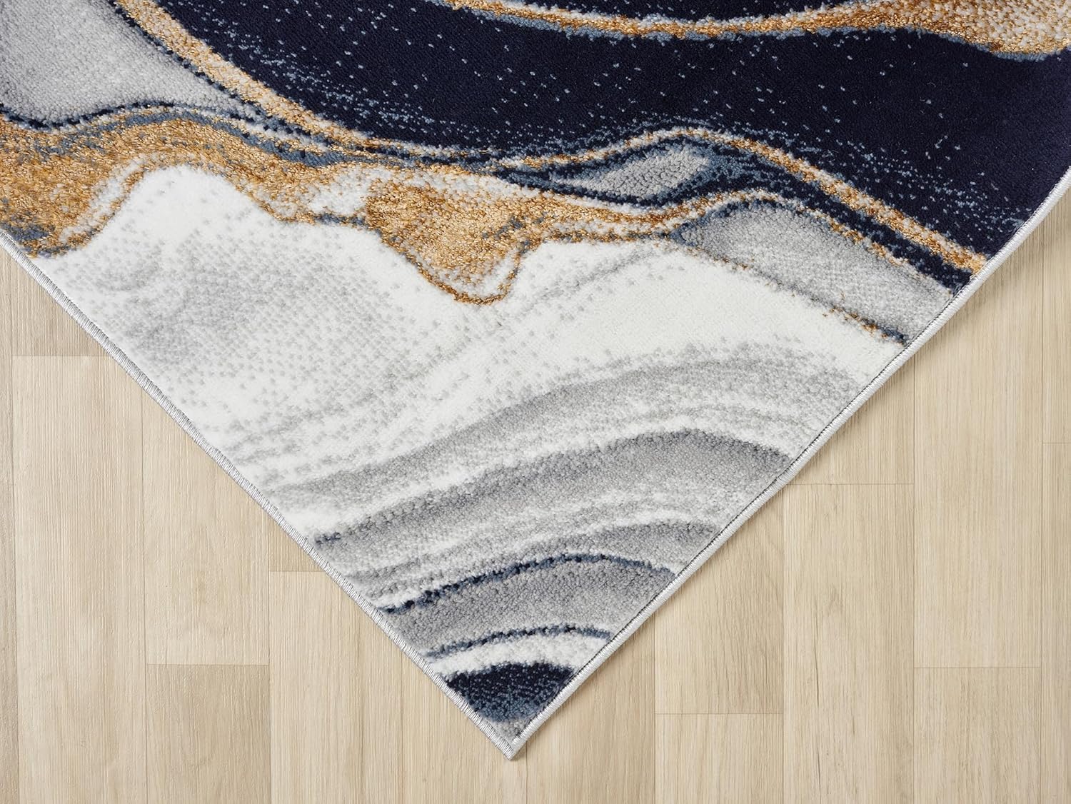 Modern Abstract 8x10 Area Rug Swirls Contemporary Marble Colorful Carpet for Living Room Bedroom with Gold Lurex Accents (Navy, 8' x 10')