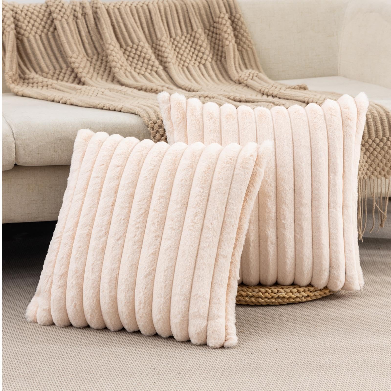 ZLINA Set of 2 Beige Faux Fur Decorative Throw Pillow Covers Fluffy Striped Pillowcase Cushion Covers 24 x24 Inch Decor Sofa Couch Bedroom