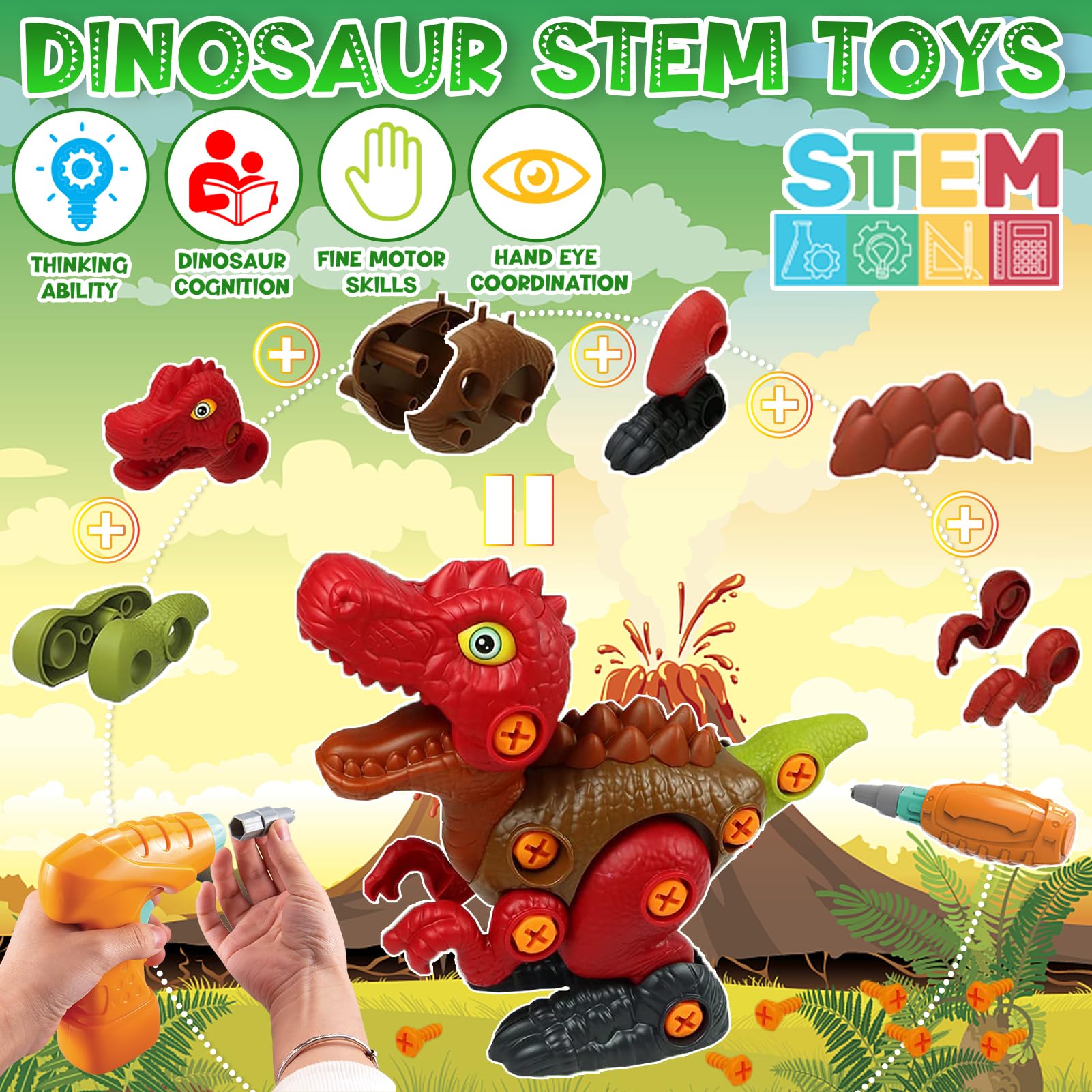STAY GENT Zabawka dinozaurów z wiertarką elektryczną dla dzieci, 4 sztuki STEM, edukacja, prezenty dla chłopców i dziewczynek, 3, 4, 5, 6, 7 lat