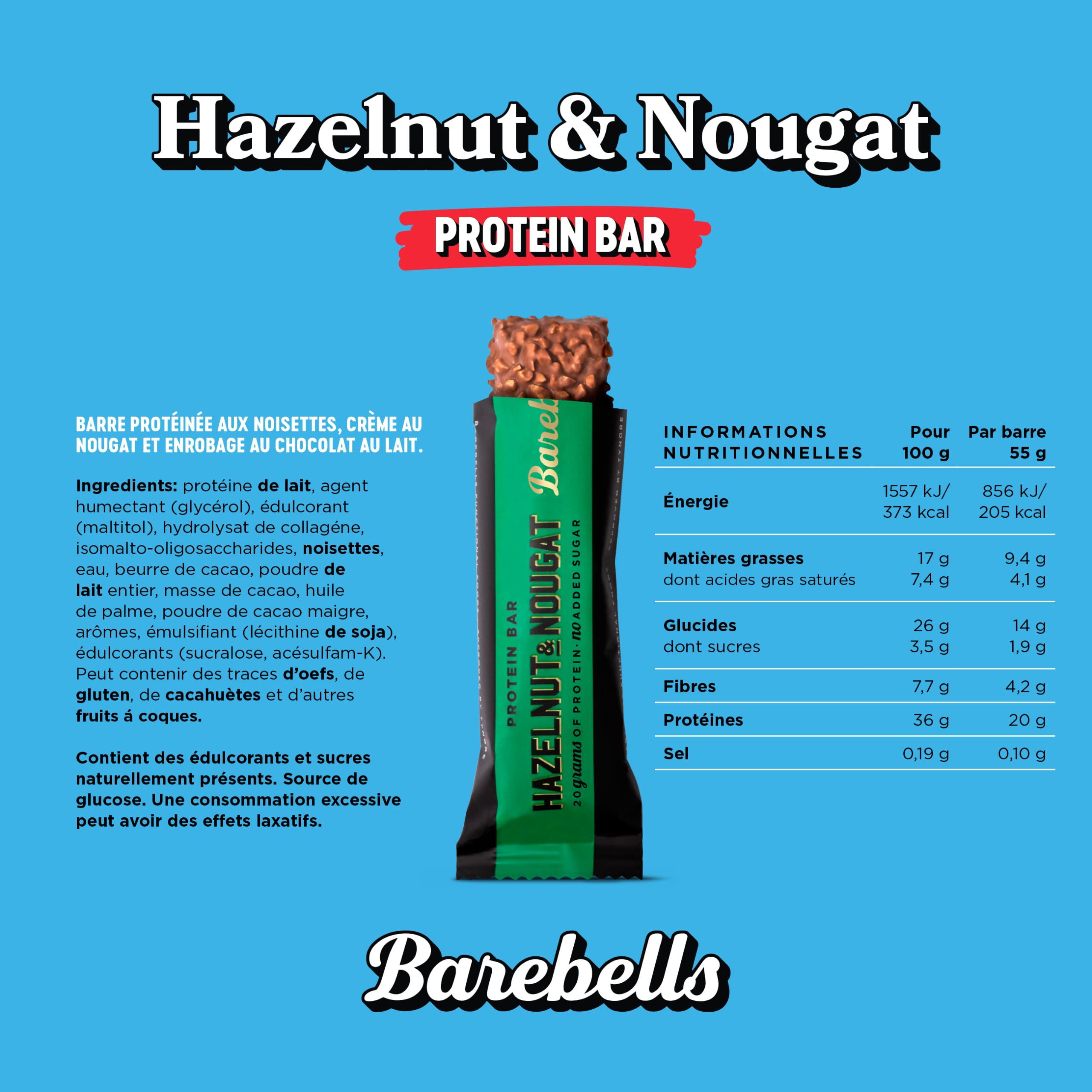 Barebells Barre de protéine 20g proteine, 12x55g chocolat protein bars (Hazelnut & Nougat)