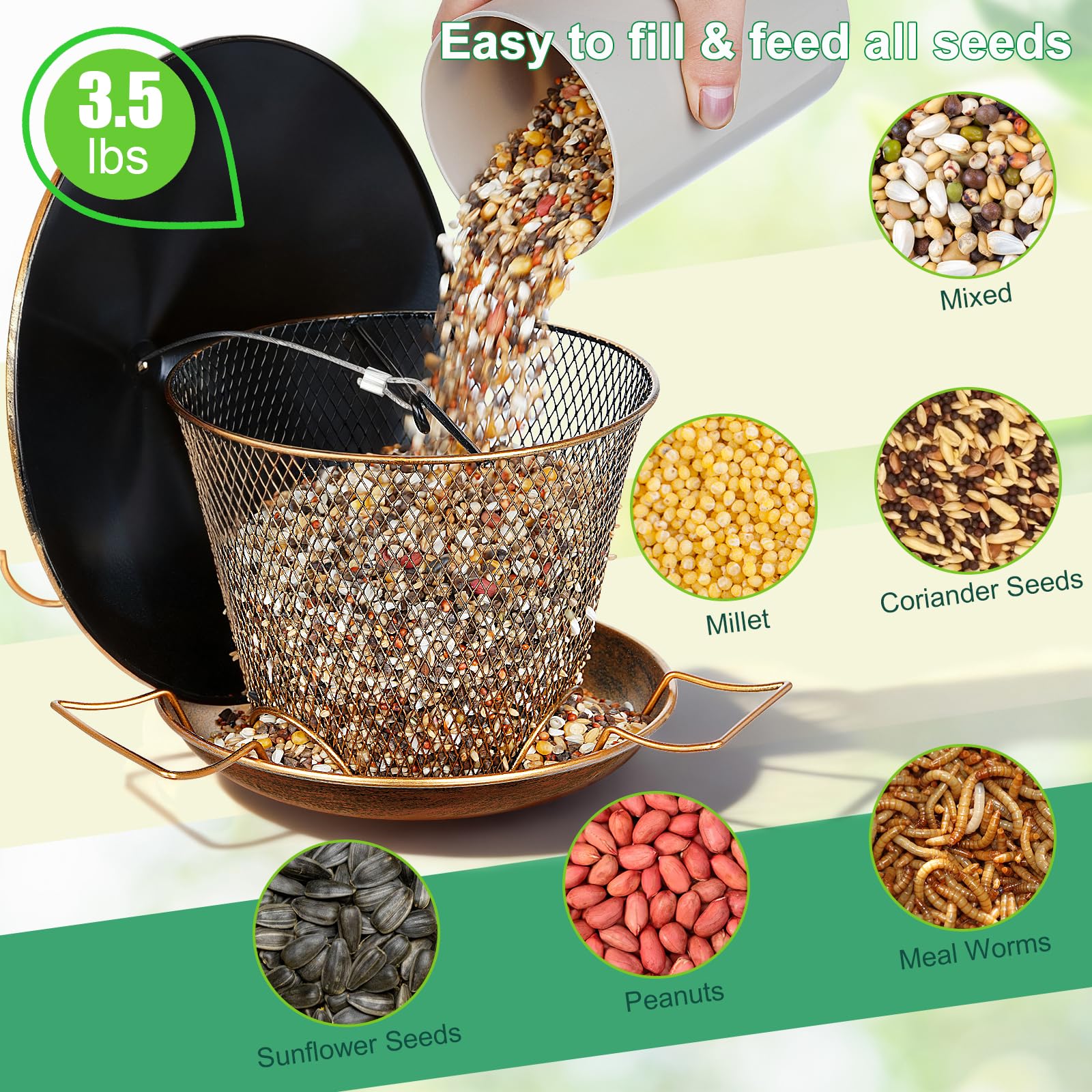 Samhe Bird Feeder for Outdoor Hanging, All Metal Weatherproof Wild Bird Feeder with 9.8" Roof, 3.5 LBs Seeds Capacity, Easy to Clean & Refill - image 4