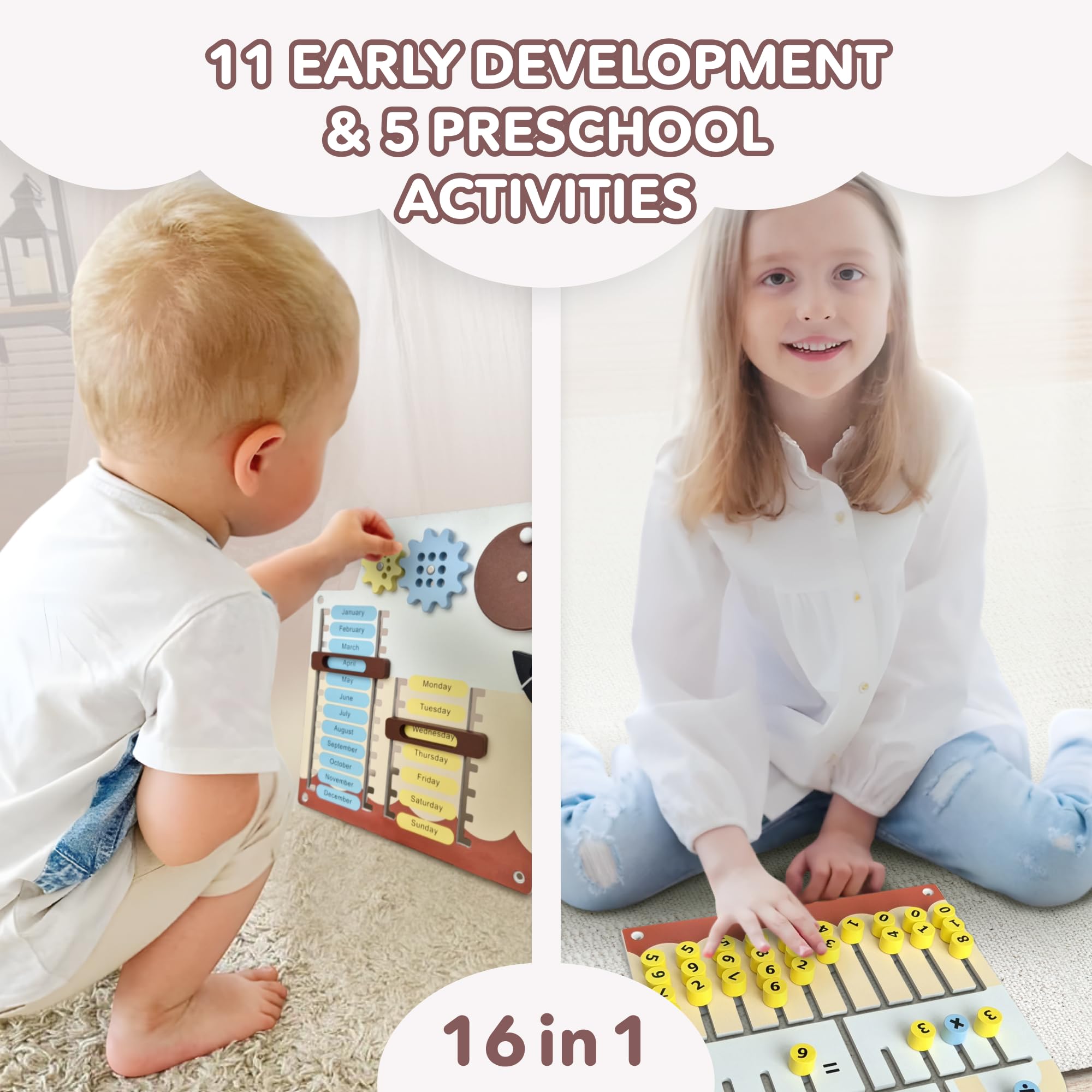 Cateam Pannello Sensoriale da Parete Montessori 16 in 1 Tavola Attività in Legno per Bambini