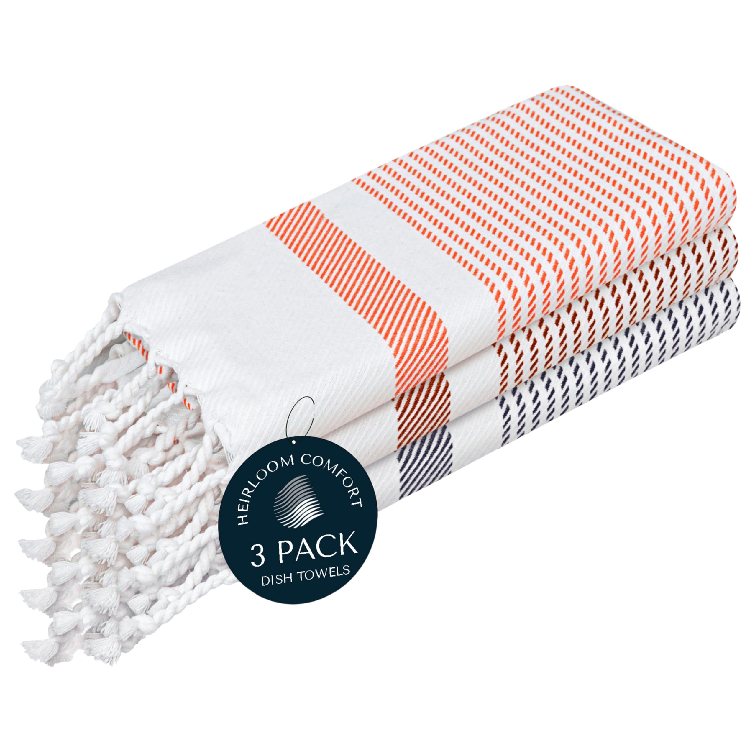 HEIRLOOM COMFORT Multi Color Kitchen Towels 40x66 cm, 3 Pack, 100% Cotton, Ultra Absorbent, Fast Dry, Machine Washable, Drying Dishes, Cleaning, Everyday Use - Orange, Brown, Indigo Blue