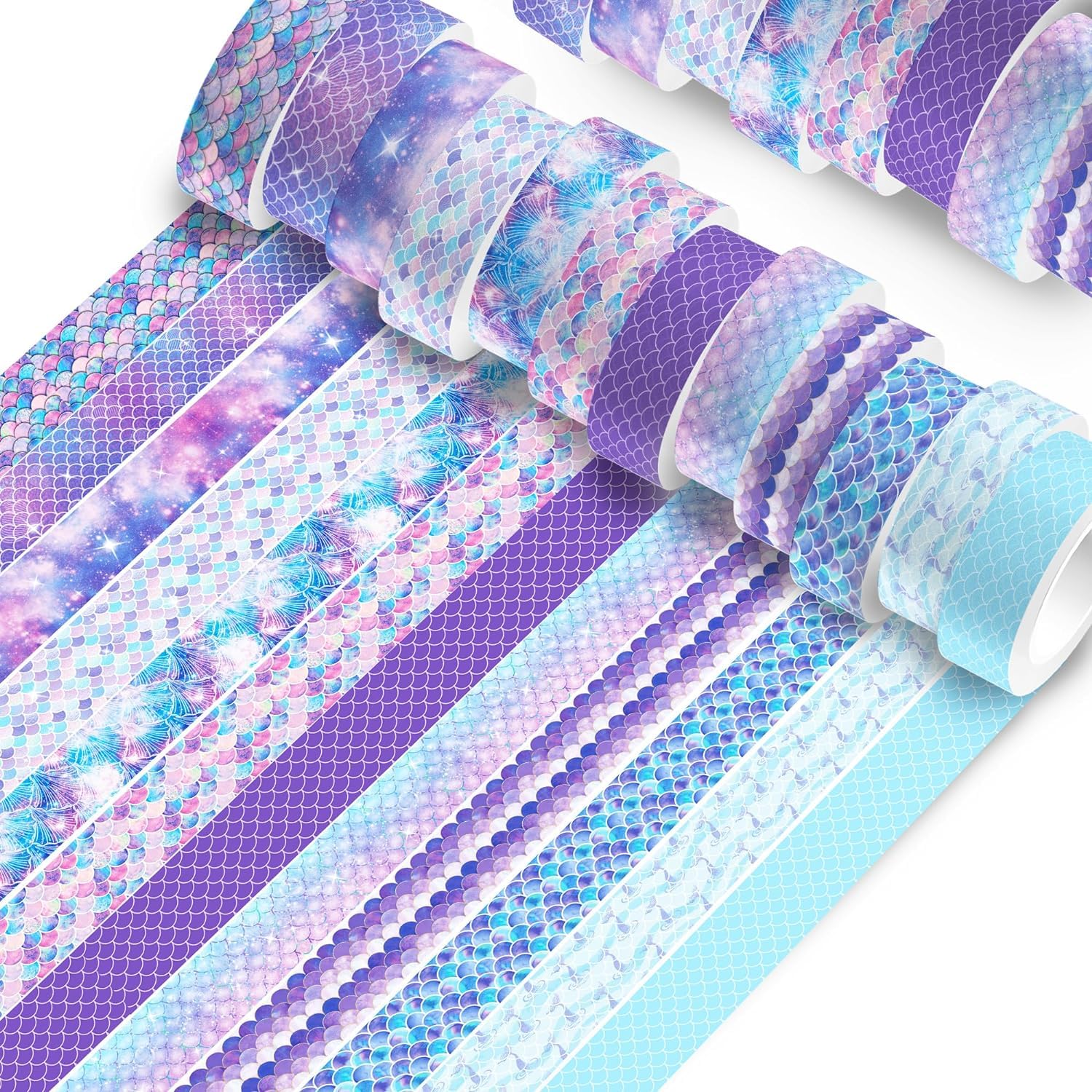 Tazweeq 12 Rolls Mermaid Washi Tape Set, 0.59" Masking Tape with Easter Colorful Scrapbooking Tape for DIY Crafts, Scrapbooks, Planners & More, Mermaid Pattern, Multi-Functional