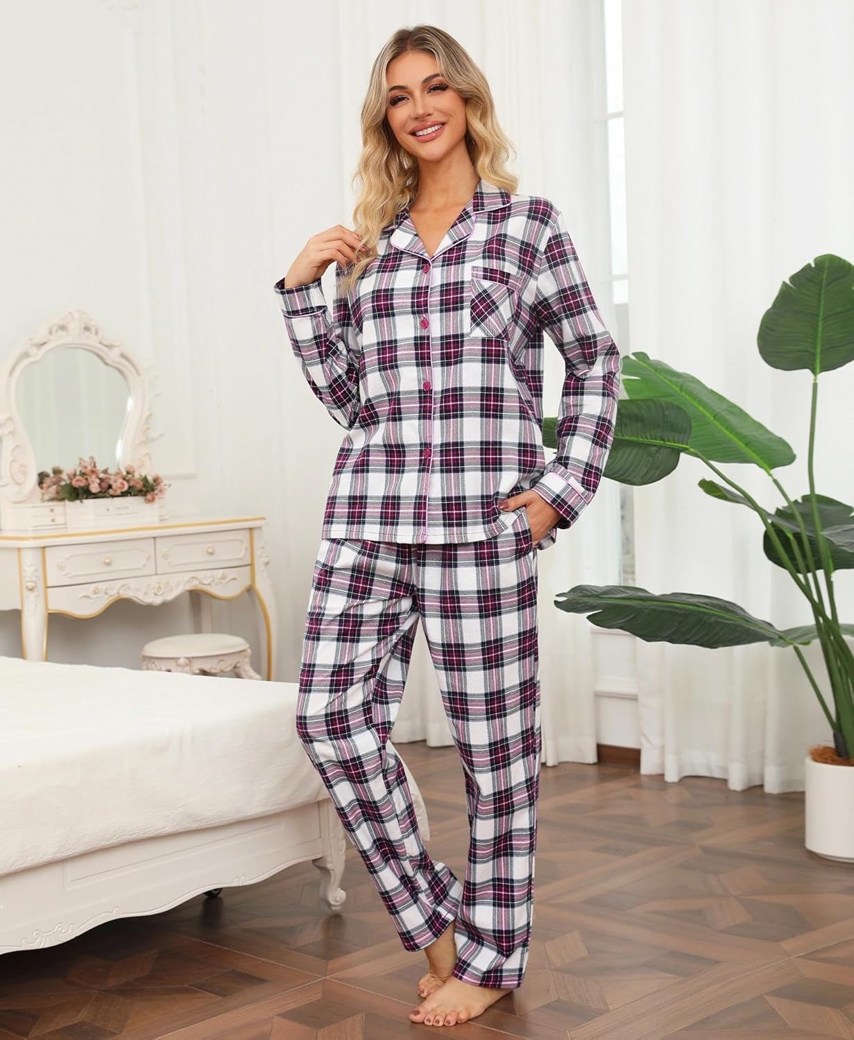 ENJOYNIGHT Womens Cotton Flannel Pajamas Set Plaid Button Pjs Long Sleeve Sleepwear - Image 2