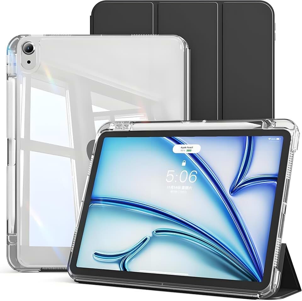 Capa Smart Flip iPad Pro 11 1-4 gerações (2018-2022), iPad Air 6-7 gerações (2024-2025) 11 polegadas e 5-4 gerações (2022-2020) 10,9 polegadas, Ranura para Caneta, Despertar/Automático (Preto)