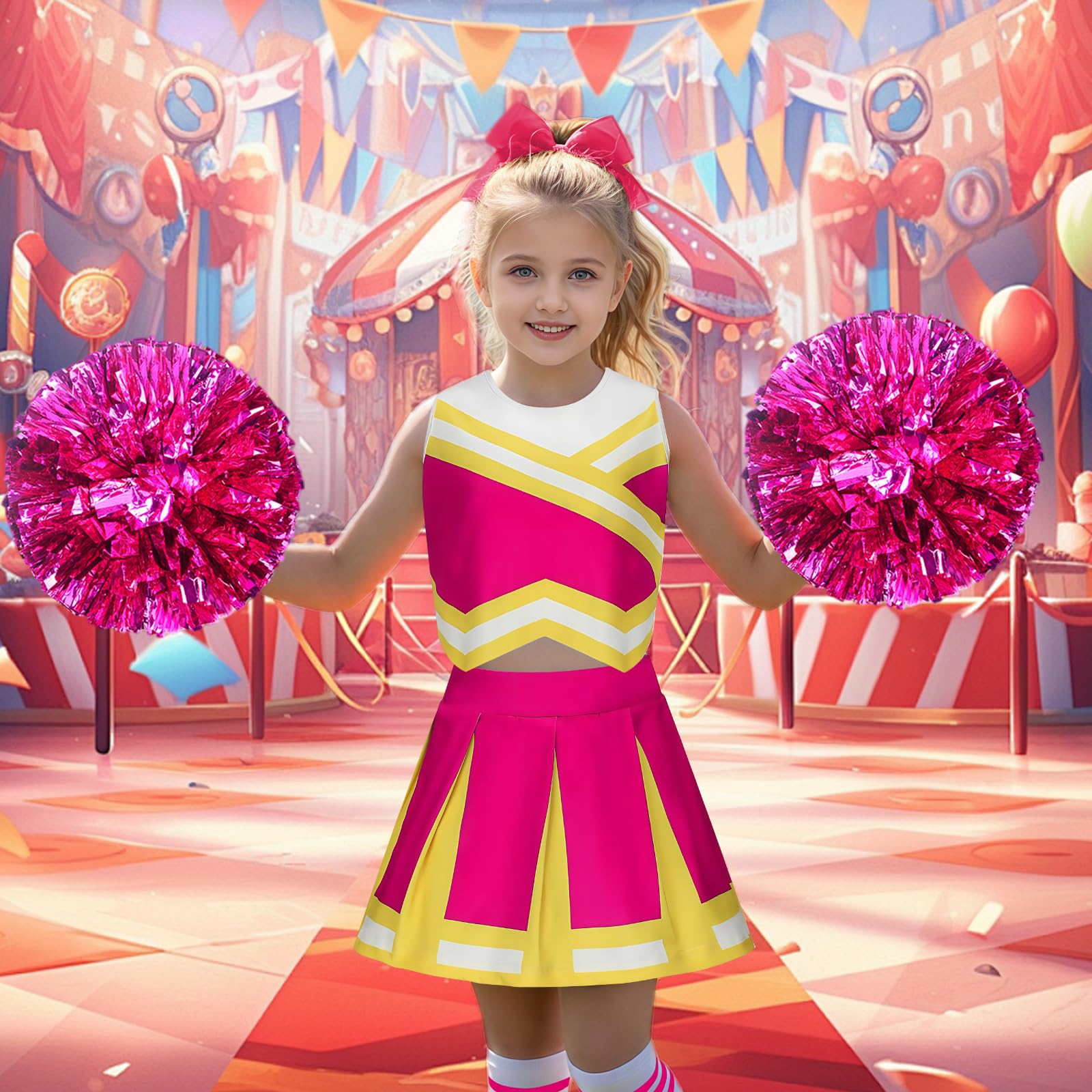 Luckyou Deguisement Pompom Girl Deguisement Cheerleader Fille Uniforme pour Girl Fille Enfant avec Perruques Brillant Pompoms et Nœud pour Carnaval Halloween - 5