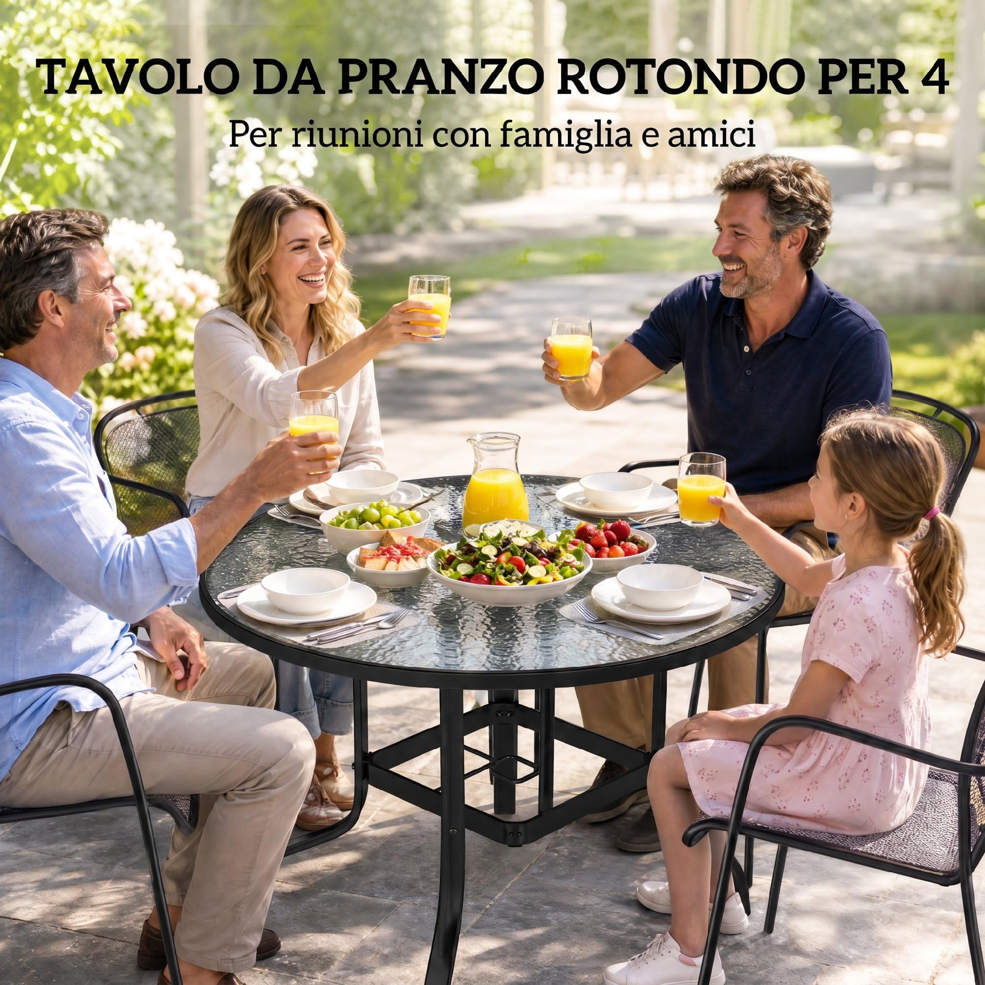 Outsunny Tavolo da Giardino Rotondo per 4 Persone Max Ø96.5x71 cm Nero | Con Foro per Ombrellone, Tavolo da Esterno, Metallo e Vetro Temperato