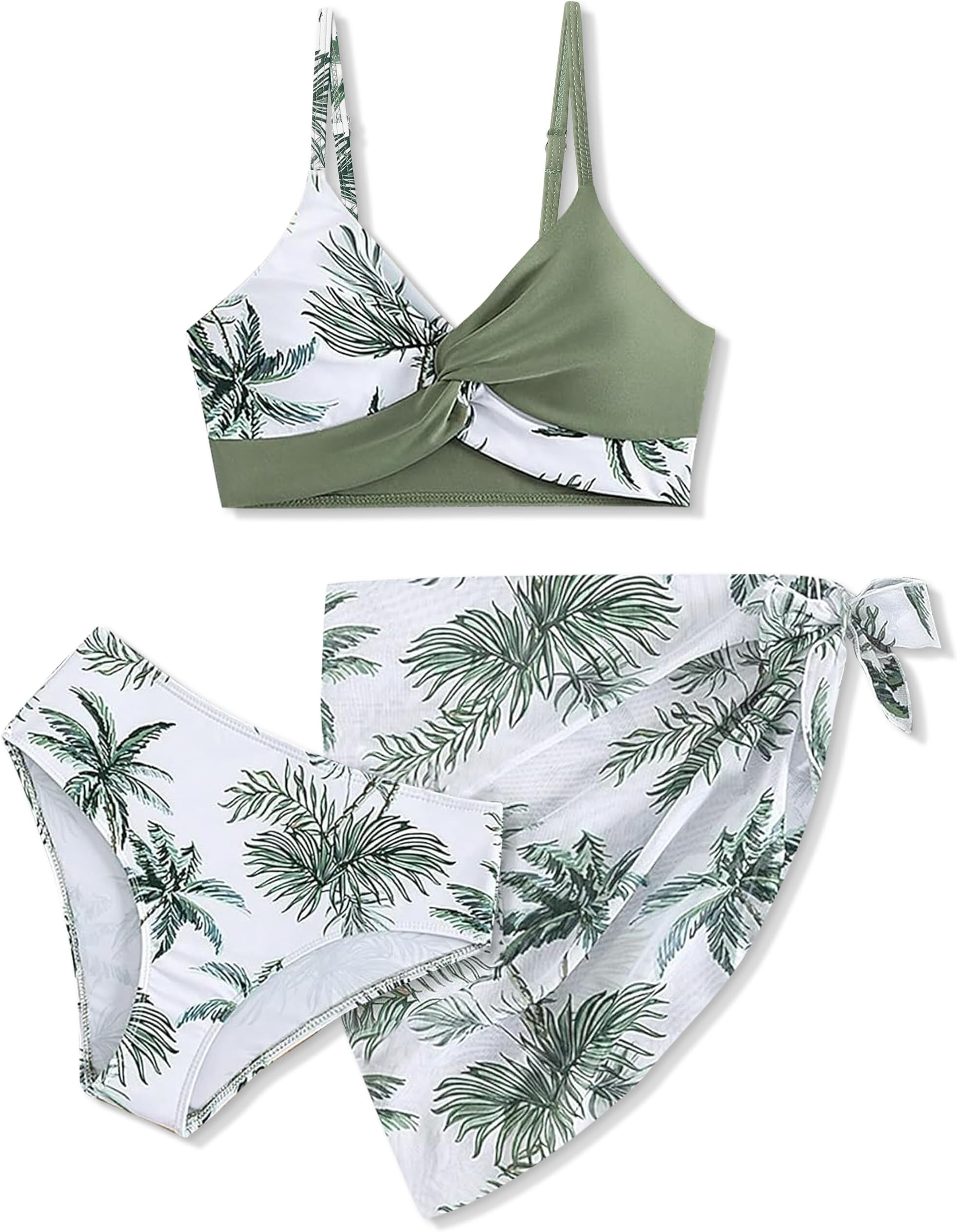 BAVADERGirls Swimsuit, Bathing Suits 3 Piece Tropical Floral Twist Cross Bikini Sets Girls' Swimwear with Cover Up Skirt 7-16T