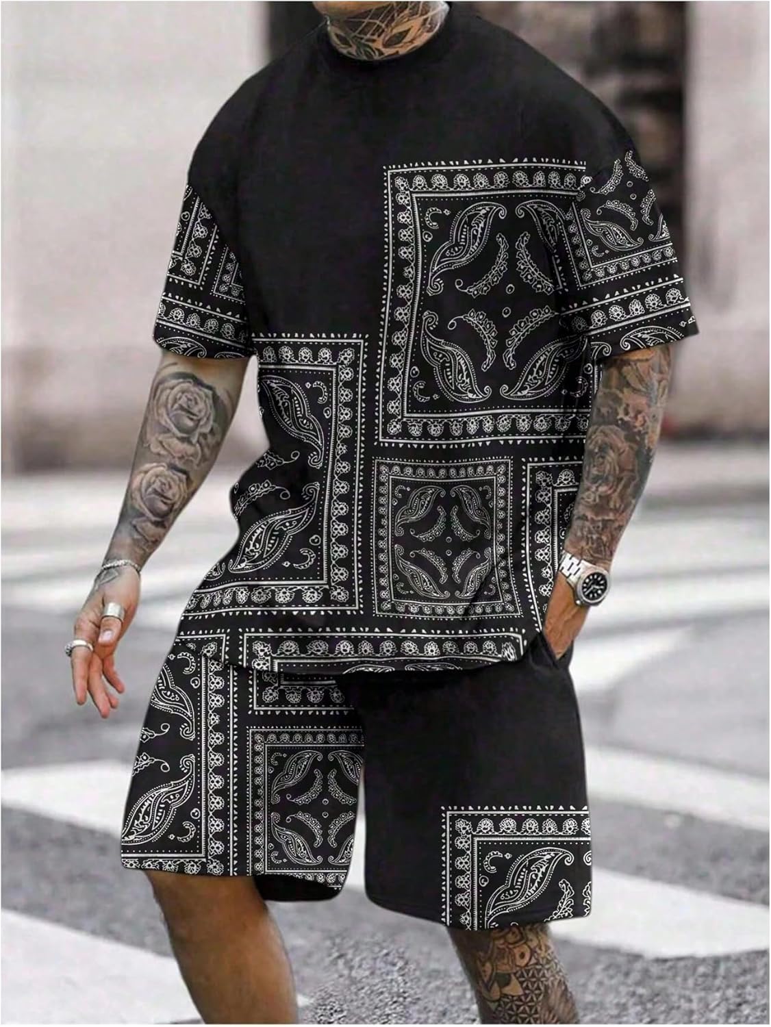 OYOANGLE Men's 2 Piece Outfits Boho Paisley Print Short Sleeve Top and Drawstring Shorts Set Tracksuits - Image 3
