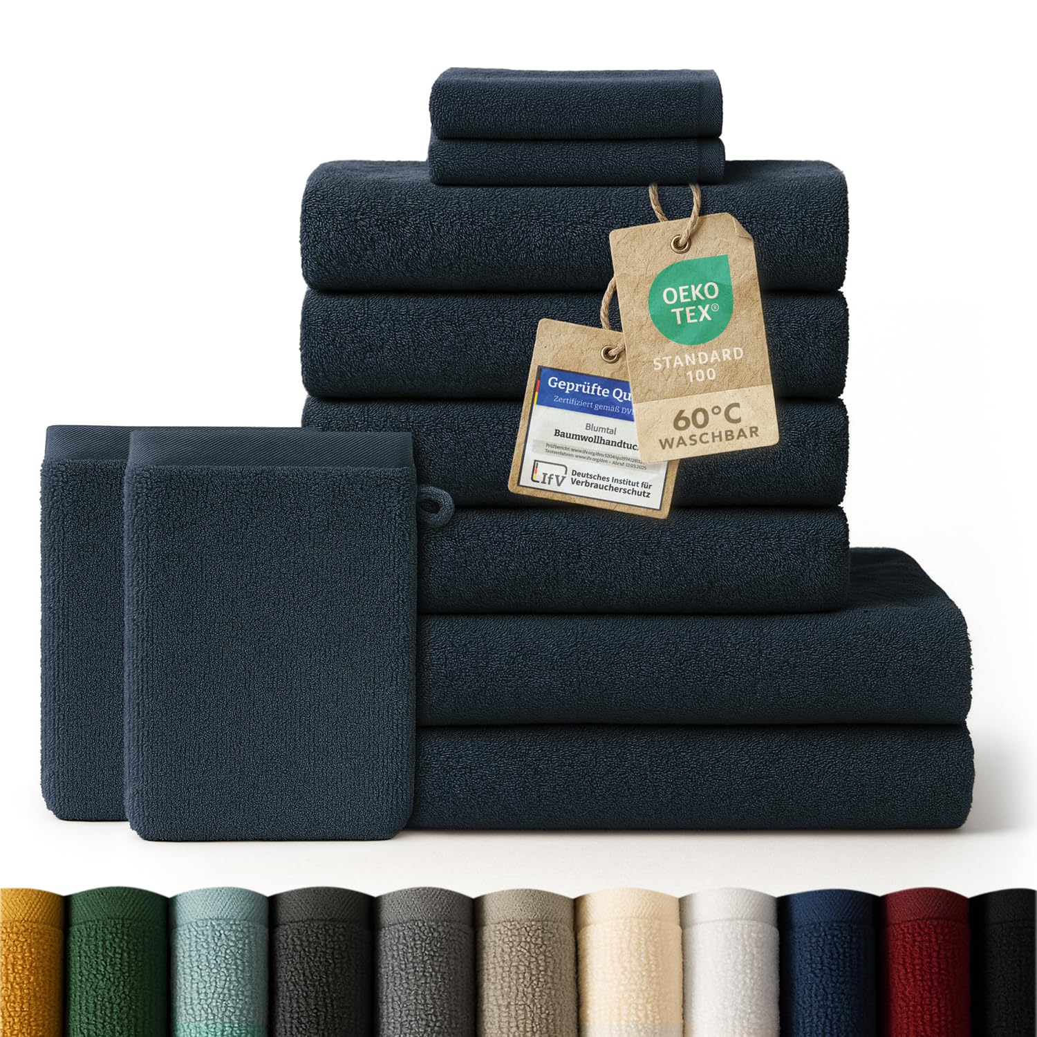 Blumtal Premium Frottier Handtücher Set 10 teilig 100% Baumwolle - Oeko-TEX zert. Badetuch 2X(70x140cm) + Handtuch 4X (50x100cm) + Gästehandtuch 2X (30x50cm) + Waschlappen 2 x (15x20cm) Dunkelblau