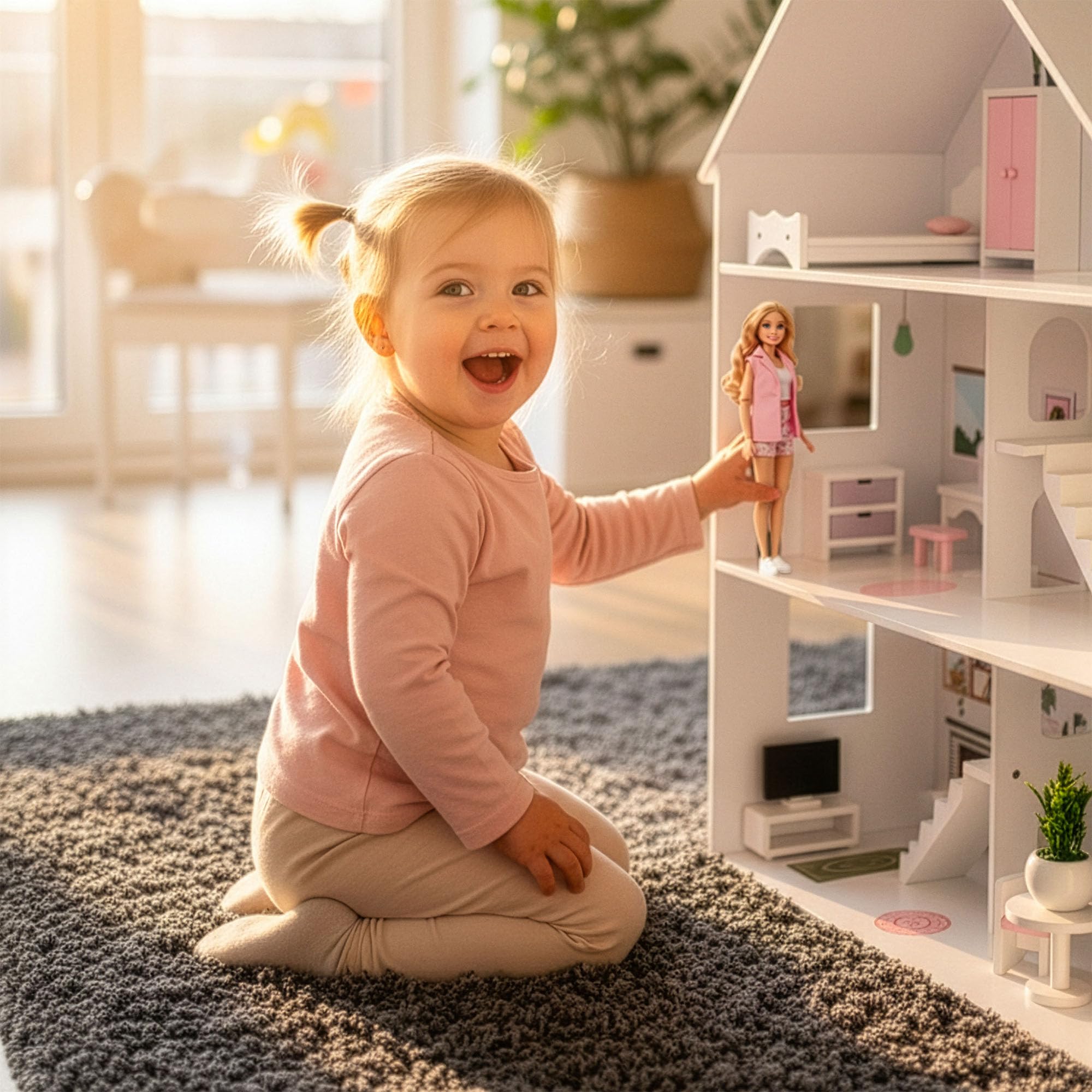 Barbie Casa de muñecas de madera grande 118 cm – Kinderplay 3 pisos casa de muñecas para niños con muebles, luz LED, pegatinas y accesorios – Casa de juegos de madera moderna regalo a partir de 3 años