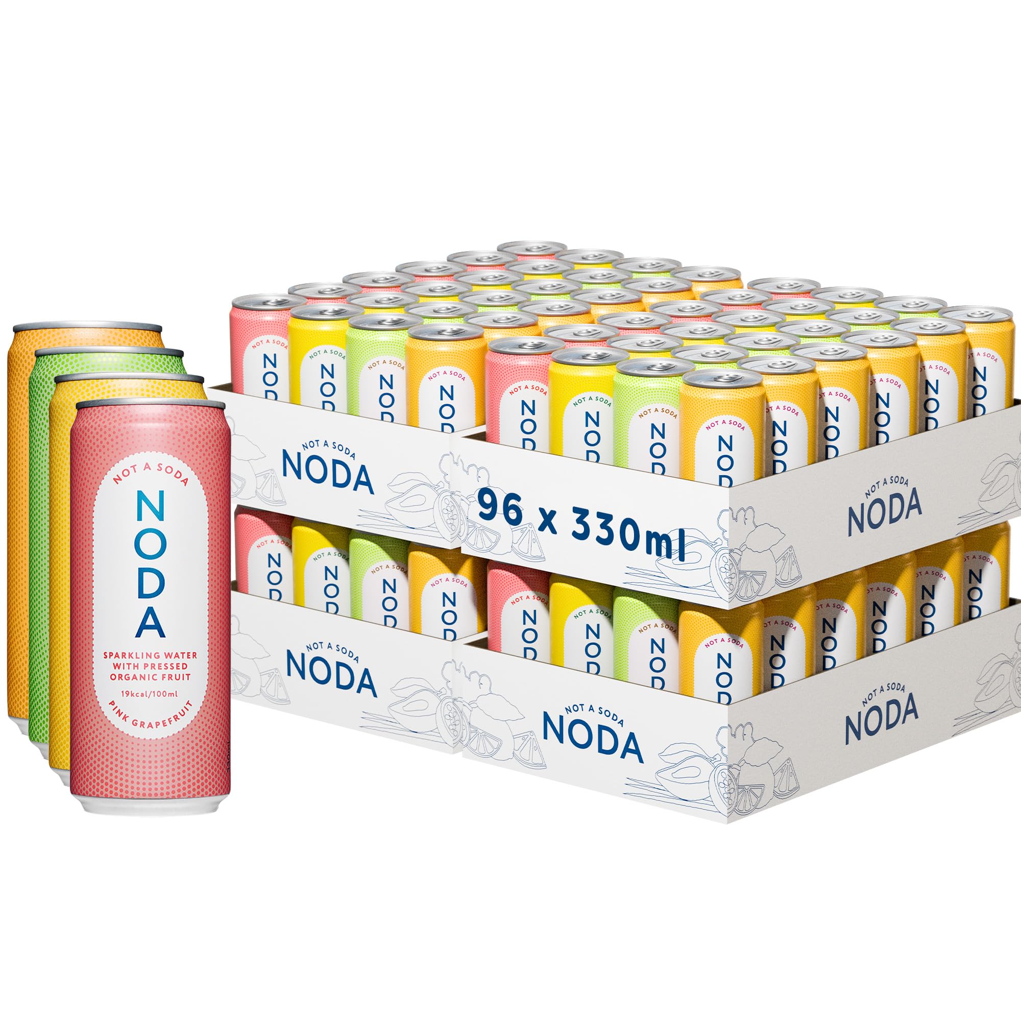 NODA "Not A Soda" - Discovery Pack - 96X330ml - Sprudelwasser | 96 Dosen, 30 % Bio-Frucht und großartiger Geschmack – ohne raffinierten Zucker, Süßstoffe oder künstliche Zusätze