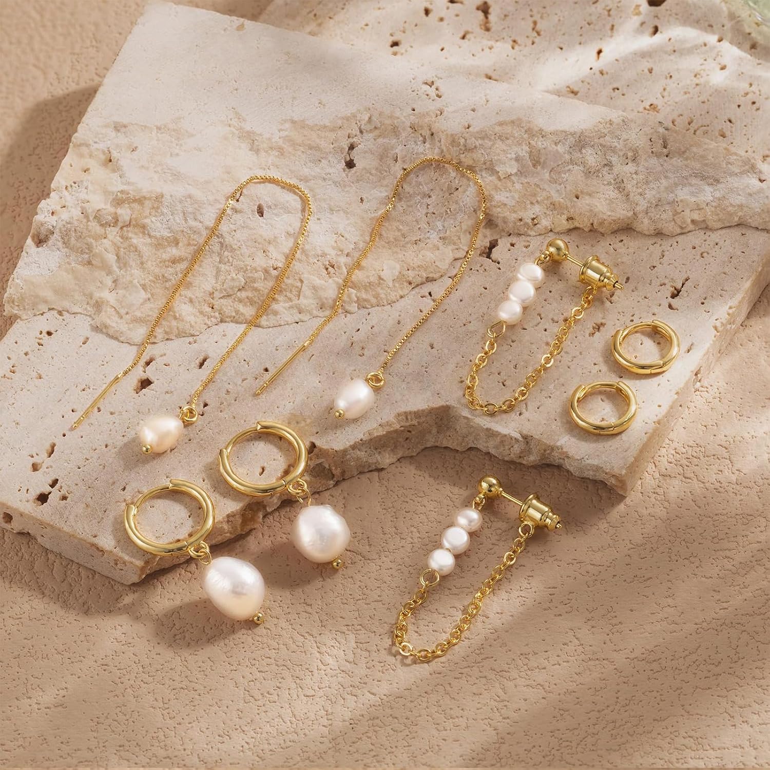 4pcs Gold Earrings Set 14K Gold Plated Pearl Dangle Hoop Earrings for Women Trendy Small Drop Chain Hoops Perfect for Multiple Piercings Special Occasions - Image 4