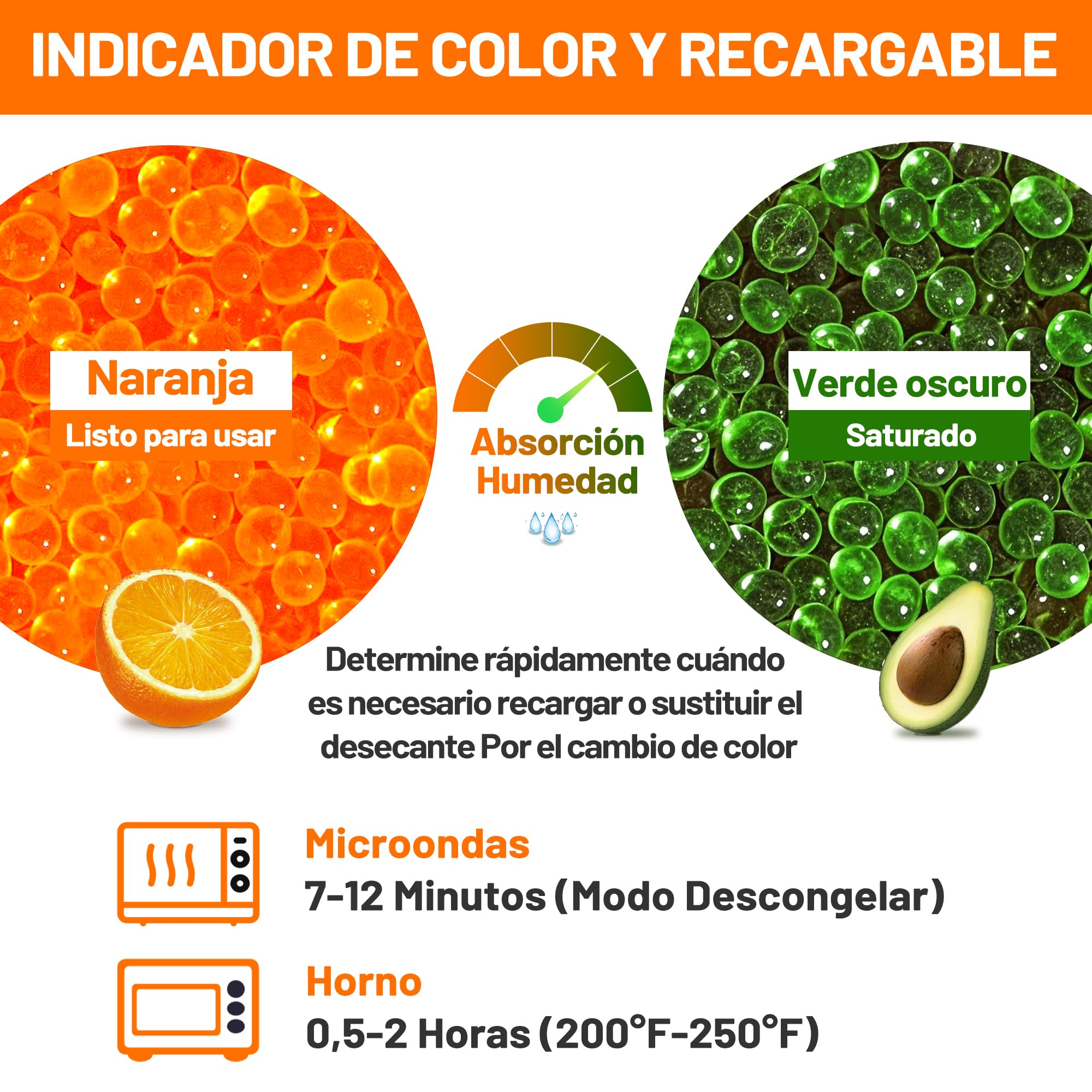 Naranja Gel de Sílice 907g, Gel Silice Antihumedad Reutilizable, 3-5mm Perlas Desecantes Sílice Gel para Filamento 3D, Dispositivos Electrónicos, Cámara, Joyería (Contiene 10 Bolsas Organza)