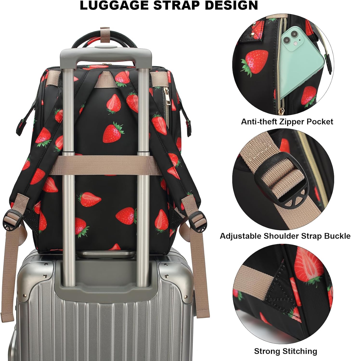 Strawberry Laptop Backpack College School Backpack Bookbags Nurse Backpacks Travel Bags for Women Girls Fits 15.6 Inch Notebook - Image 4