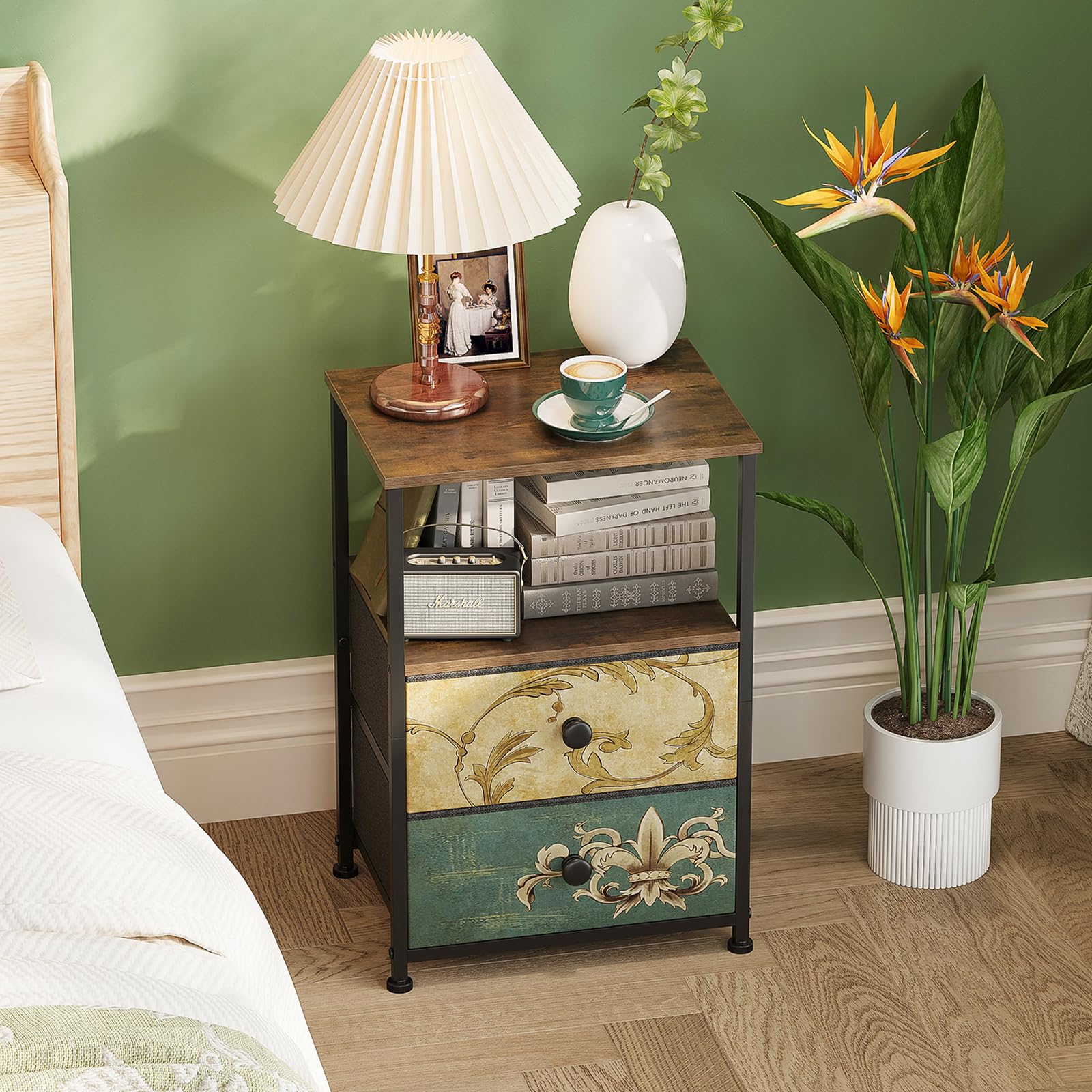 VEDECASA Comò con 2 cassetti e ripiano aperto, armadio con cassettiera, tavolo da trucco bohemio, armadio portaoggetti, comodino, tavolino per soggiorno e camera da letto, struttura in acciaio stabile