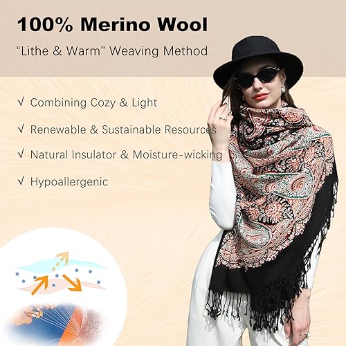 Miniatura 140 de DANA XU Manta de pashmina extragrande 100% de lana merina, bufanda de viaje, bufanda de cachemira para mujer, otoño e invierno, chal de gran