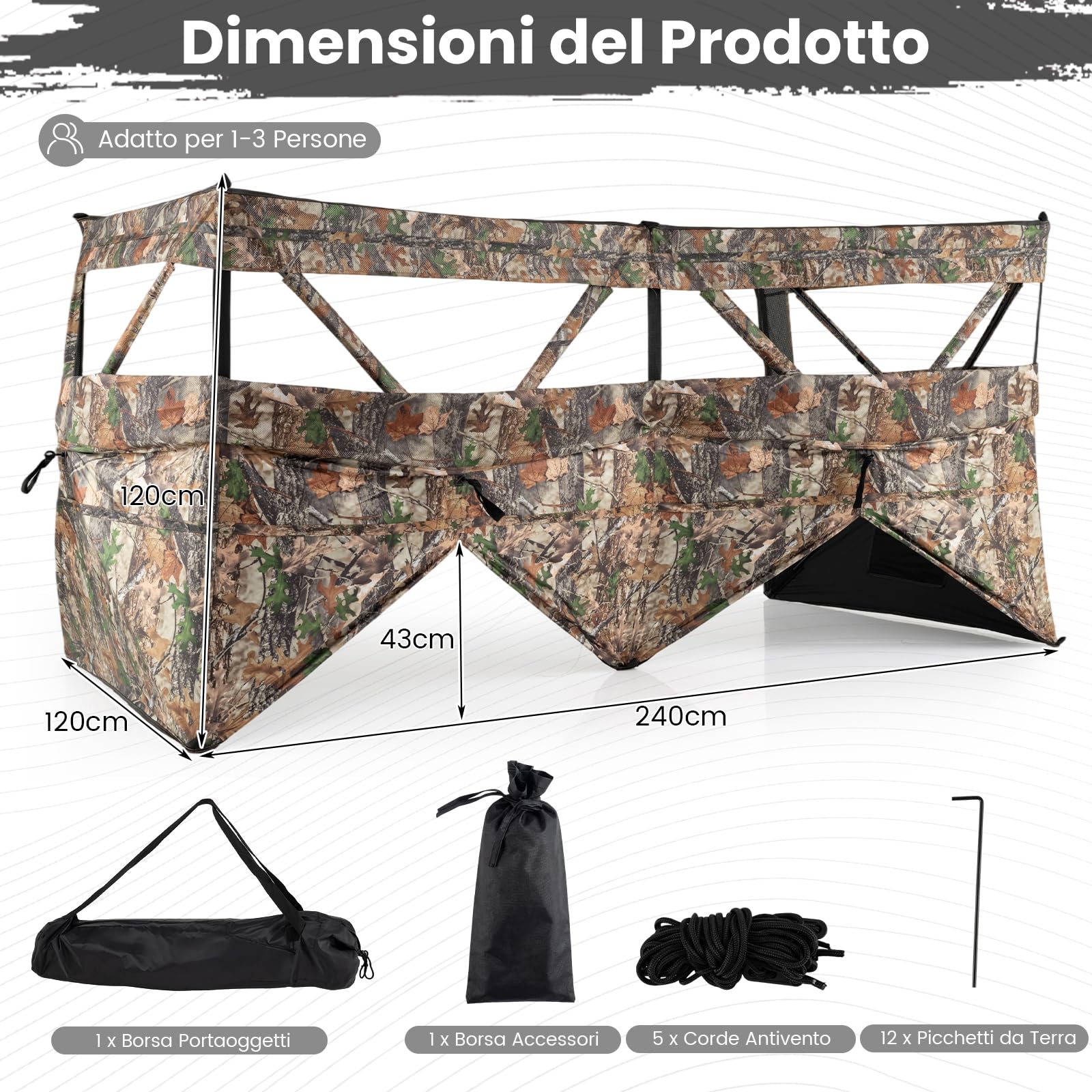 COSTWAY Barriera di Caccia Mimetico a 3 Lati Portatile 360°, Nascondiglio Pop-up 1-3 Persone con Porta per Cani, Tessuto Oxford con Borsa Trasporto, per Fotografia Naturale e Caccia