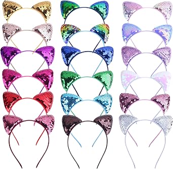 REQO 18 Pieces Cat Ears Headbands Set,Cute Glitter Cat Head Accessories, Flashing Sequins Headdress Party Supplies For Night Clubs, Raves, Concert Party,Christmas,Halloween,Adults