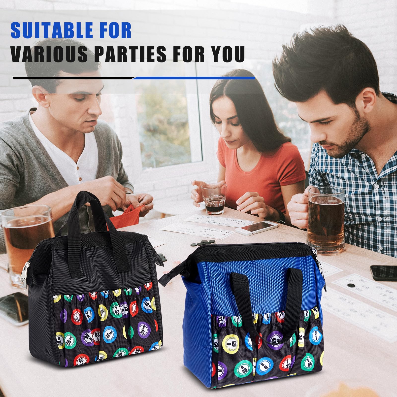 Sweetude Borsa da bingo Dauber con manico e cerniera, con 6 tasche esterne e 3 tasche interne, 2 pezzi, nero, blu., Large, Borsa casual