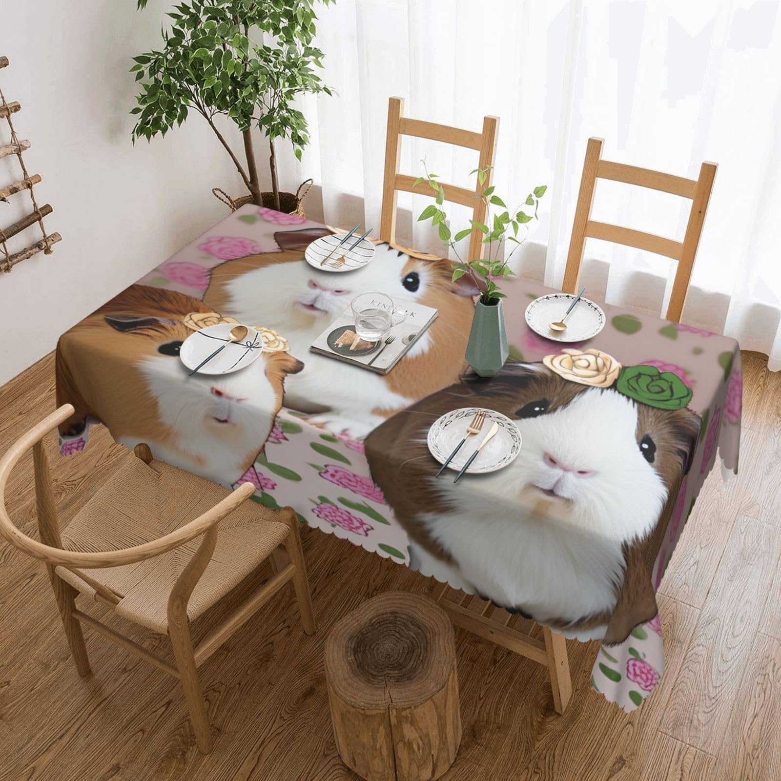 WPKJU Guinea Pigs and Cupcakes Printed Rectangle Tablecloth 72x54 Inch with Lace Trim, Water-Resistant Washable Table Cover for Farmhouse Weddings, Outdoor Picnics & Holiday Dining