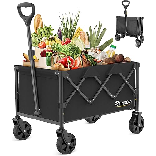 RAINBEAN Collapsible Wagon Cart Foldable Heavy Duty Folding Wagon Large Capacity Shopping Cart Utility for Camping Garden Beach Sports Fishing, Black (100L)