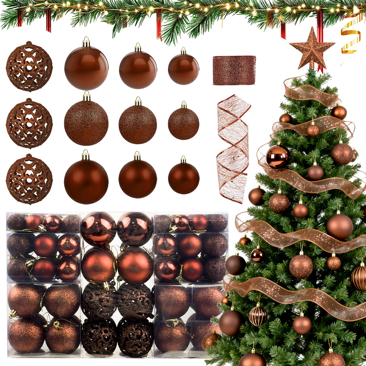 JHWELRG® Weihnachtsdeko Weihnachtskugeln Set,101tlg Ø 3-6cm Matt Glänzend Kunststoff Christbaumkugeln Christbaumschmuck mit 10m Weihnachtsbänder für Adventskalender Weihnachtsbaum Deko (Bronze)