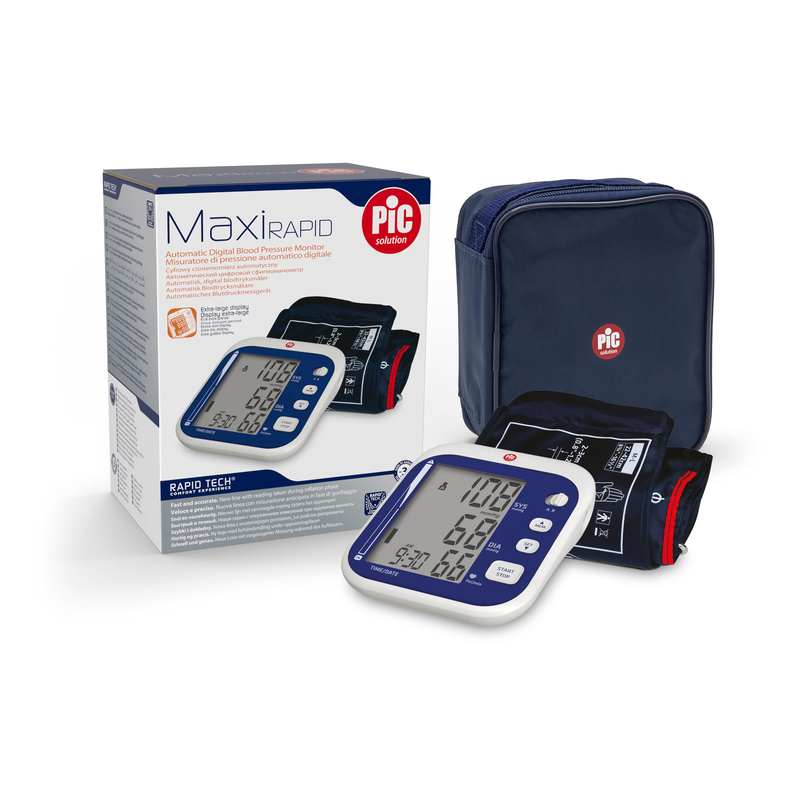 Pic Solution - maxiRAPID Tensiómetro Digital de Brazo - Dispositivo para medir la presión arterial y el Monitoreo Doméstico de la Hipertensión con pantalla Extra-Grande
