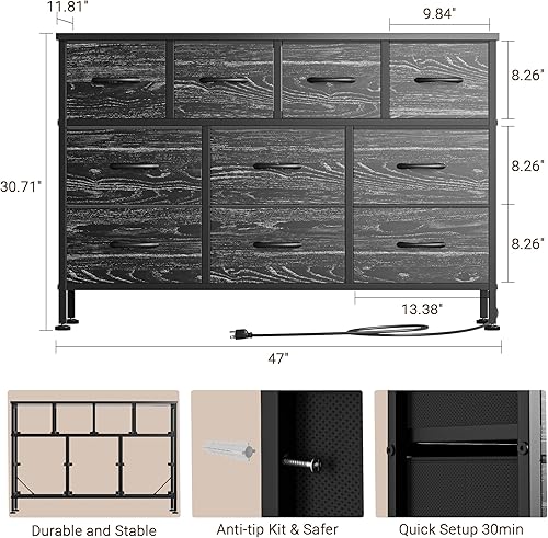 Miniatura 2 de Lulive Cómoda de 10 cajones para dormitorio, cómoda con estación de carga, cómoda de tela, unidad organizadora para sala de estar, pasillo, armario