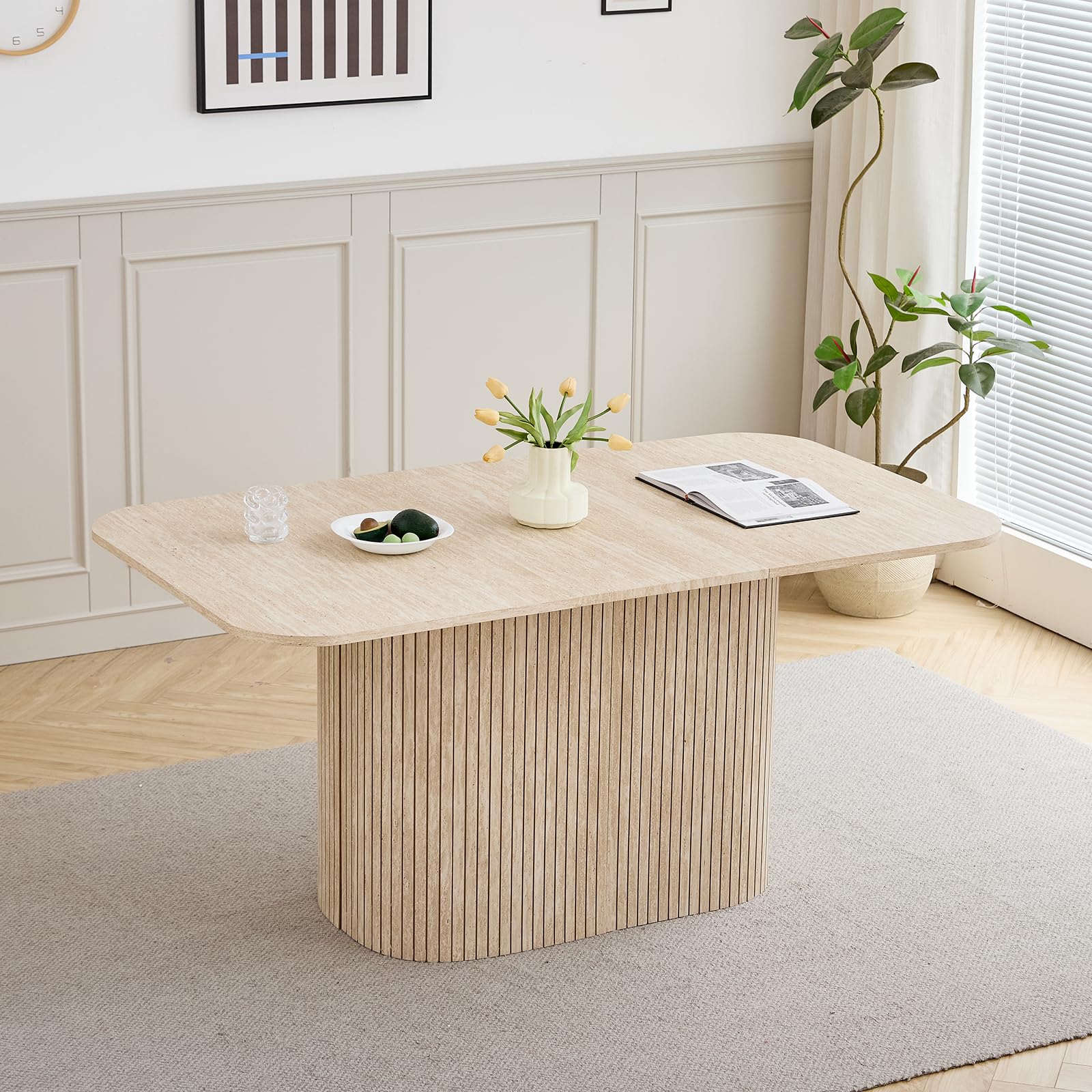 GrandCA HOME Mesa de Comedor Rectangular con Esquinas Redondeadas, Moderna Mesa de Comedor de 160 cm con Base de Madera, Amplia Superficie de Trabajo de MDF, 4-8 Personas, Color Travertino Amarillo