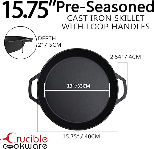Miniatura 4 de Crucible Cookware Sartén de hierro fundido Sartenes de 15.75 pulgadas (15.7 in) con mango de doble bucle, sartén para paella + fundas de soporte de