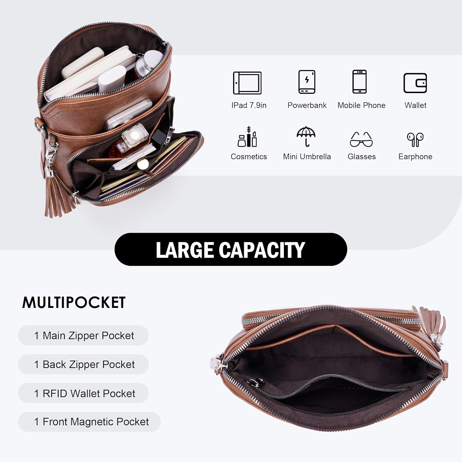 Roulens Crossbody Purse for Women Vegan Leather Medium Crossbody Wallet Bag for Travel Women Shoulder Handbags with Tassel - Image 5
