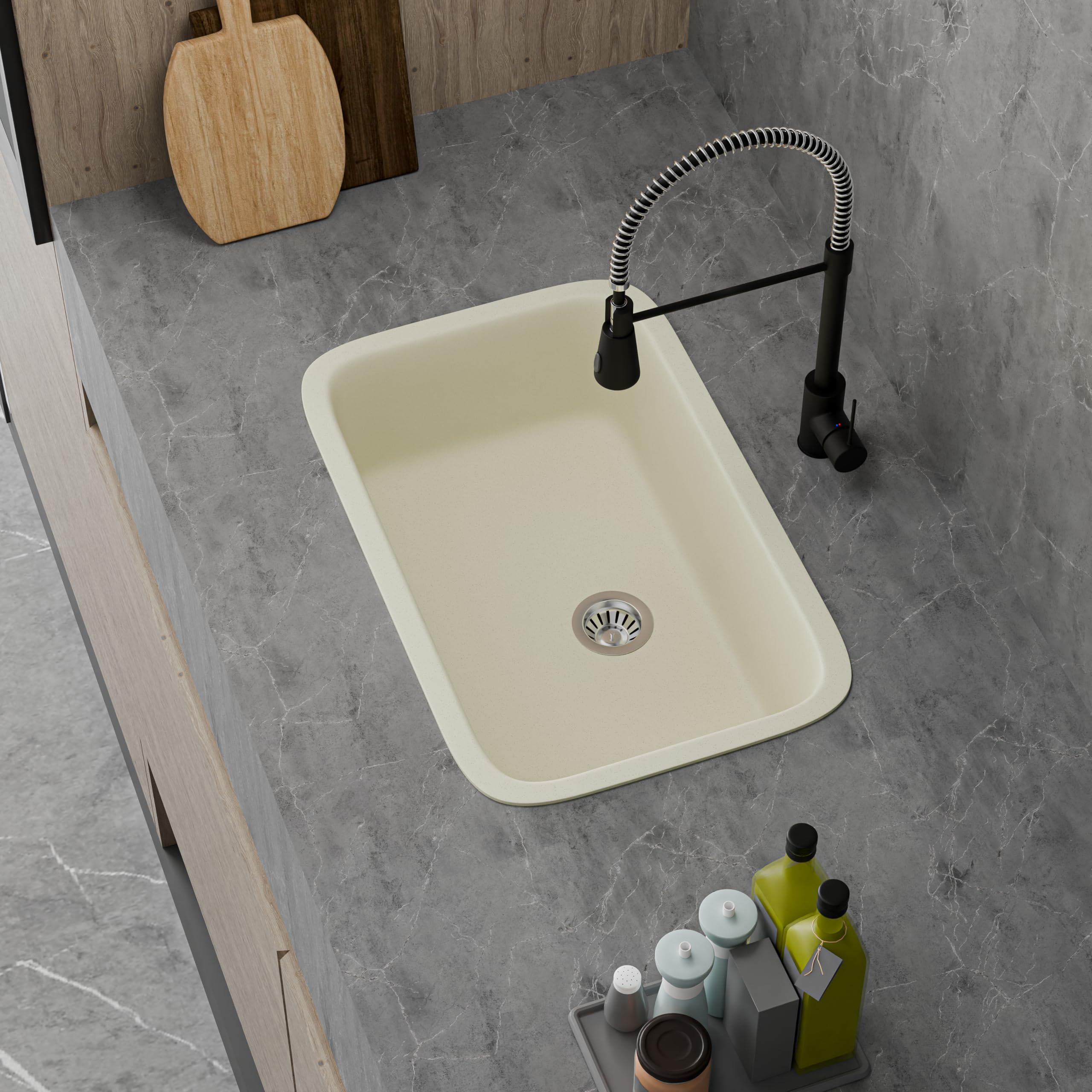 HISRE Quartz Single Bowl Kitchen Sink with Round Corners | 31x19x10 Inches | Noise Reducing Durable Easy to Clean Scratch Resistant Kitchen Sink for Modern Homes | Crema, photo 3 of 5