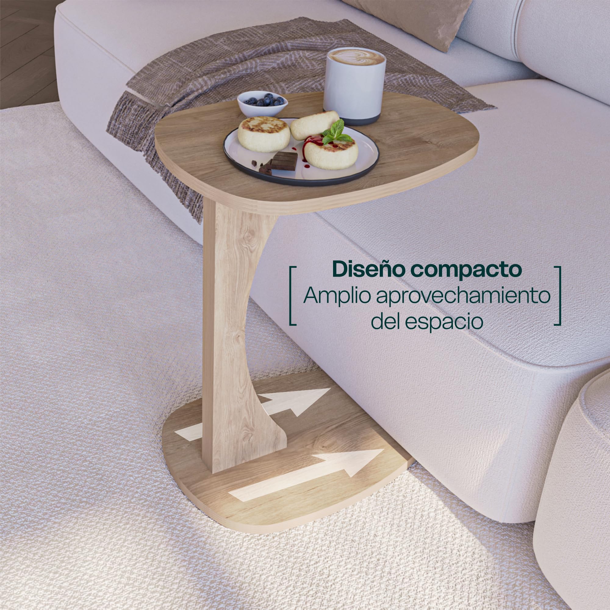 sugodesign Mesa Auxiliar para sofá con Ruedas, pequeña Mesa Auxiliar en Forma de C, Mesa de sofá en Elegante Roble Ahumado, pequeña Mesa de Centro para el salón, Ideal para portátiles - Norma