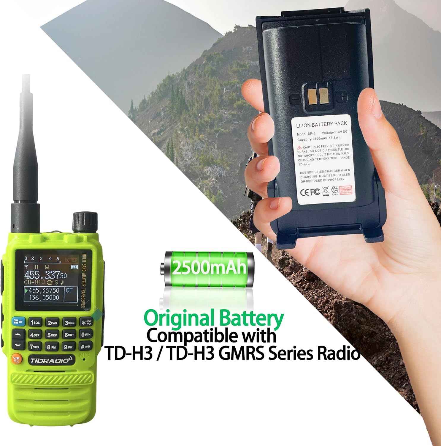 2PACKS TD-H3 Two Way Radio Battery 7.4V 2500mAh BP-3 USB-C Rechargable Replacement Li-ion Battery for TD-H8 GMRS Walkie Talkie