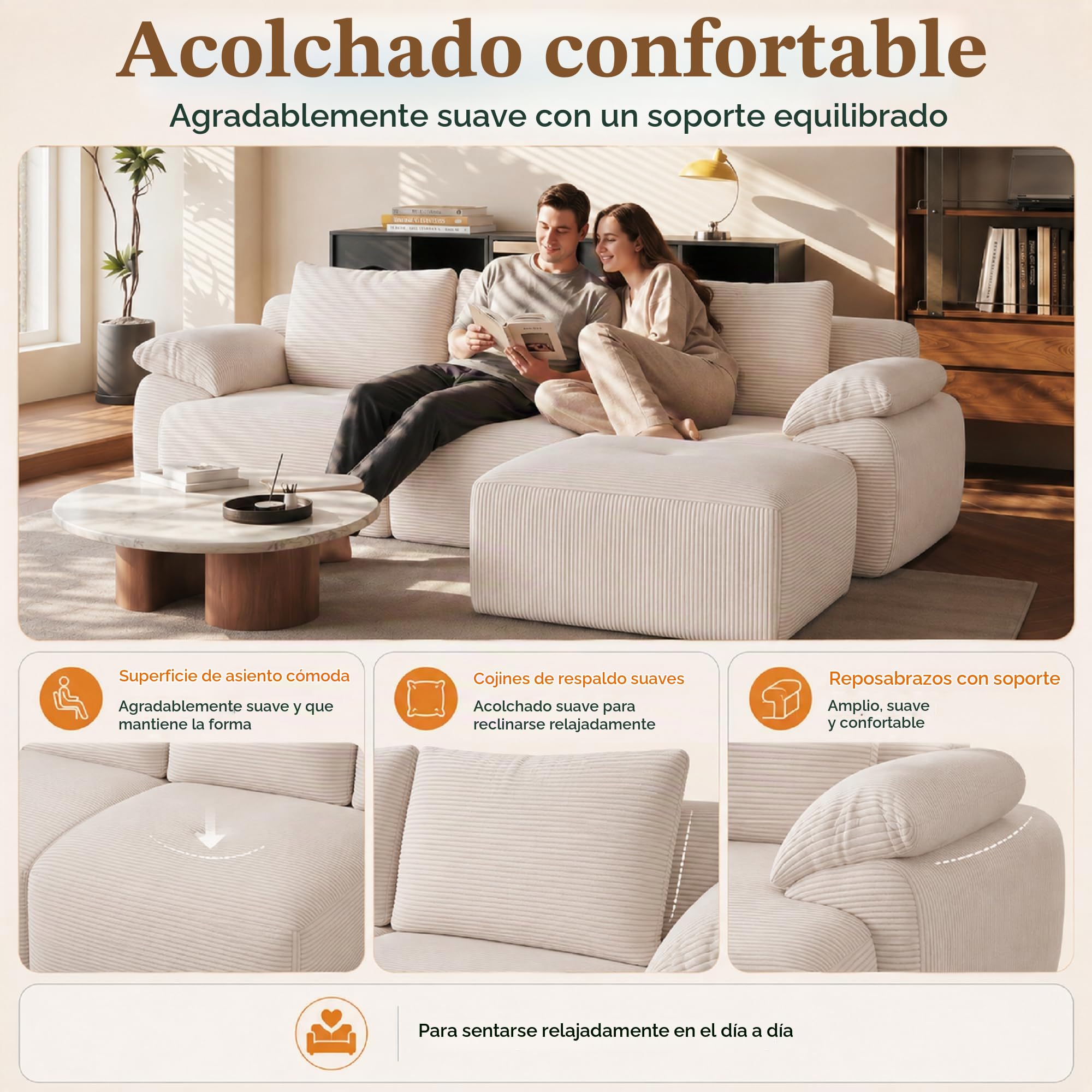 Sofá de esquina en forma de L, modular de 3 plazas, sofá apilable, combinable de forma flexible, tapizado en terciopelo acanalado, beige