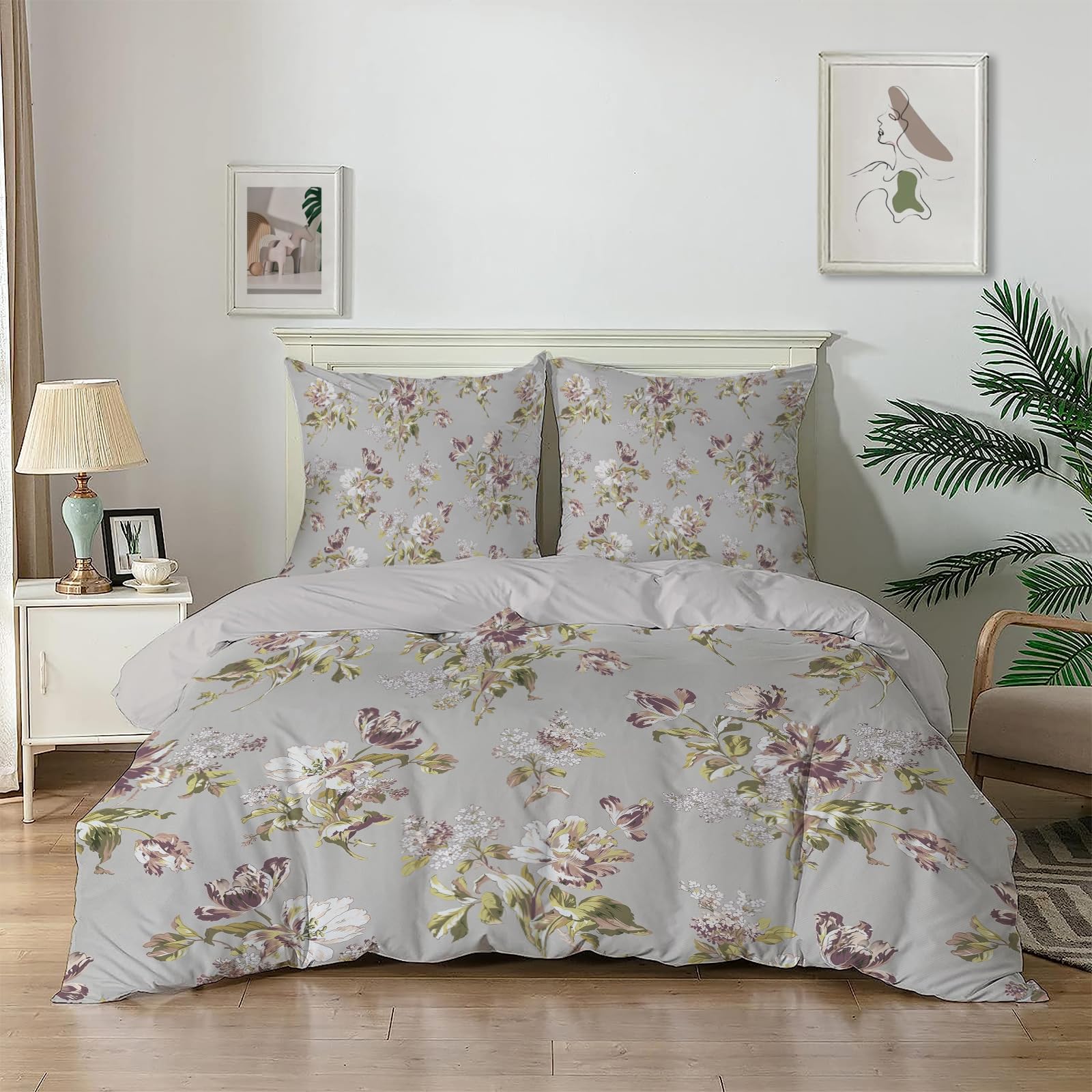 Dyausi Grey Emperor Duvet Cover Set Flowers Stylish Bedding Set 3Pcs With Zipper Closure For Aldult Reversible Microfiber Quilt Cover 290X235cm And 2 Pillowcases 50X75cm