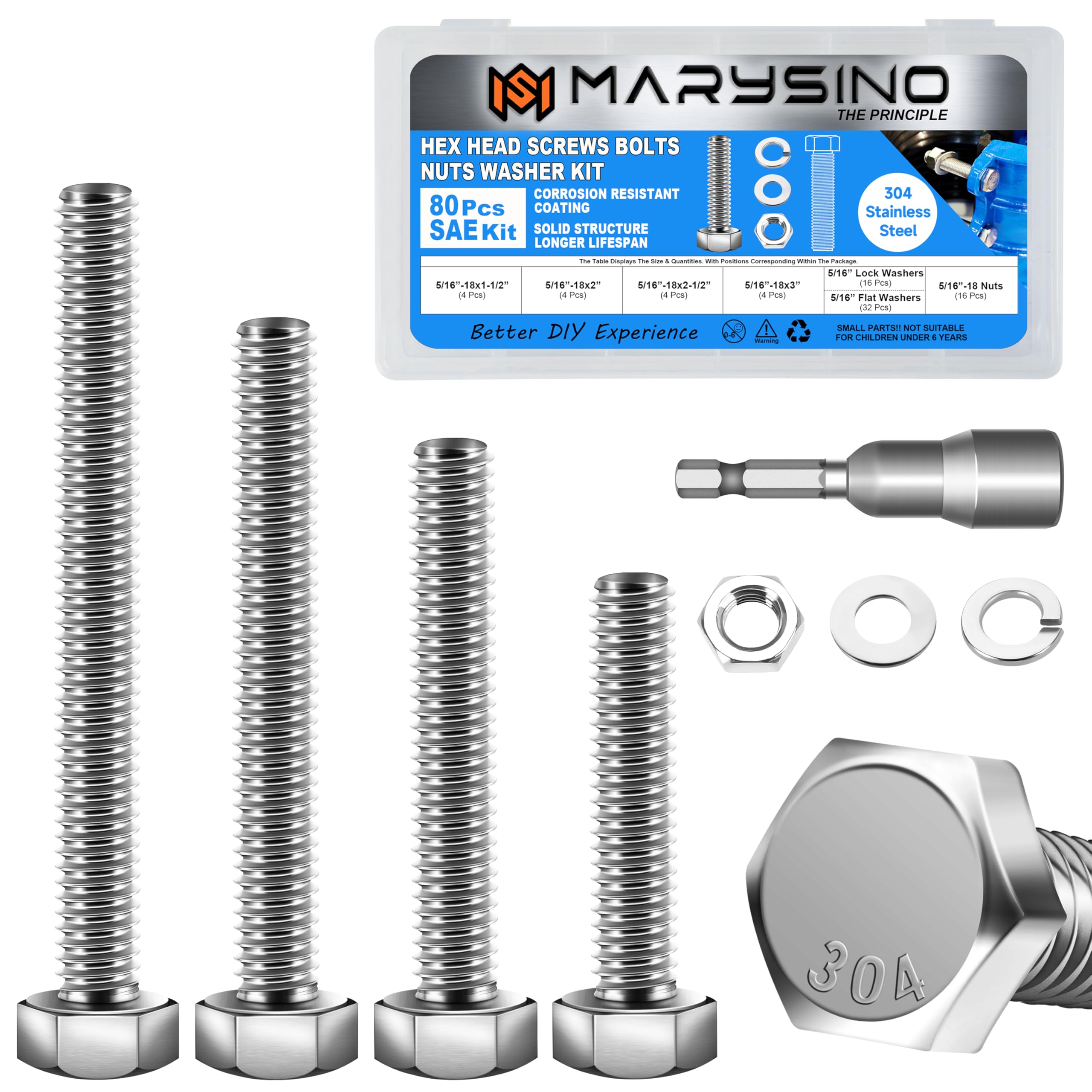 Marysino 80Pcs SAE Stainless Steel Nuts and Bolts Assortment Kit,Including 5 Sizes 5/16 Bolts, Assorted Bolts Nuts and Washers Kit with Drill Bit