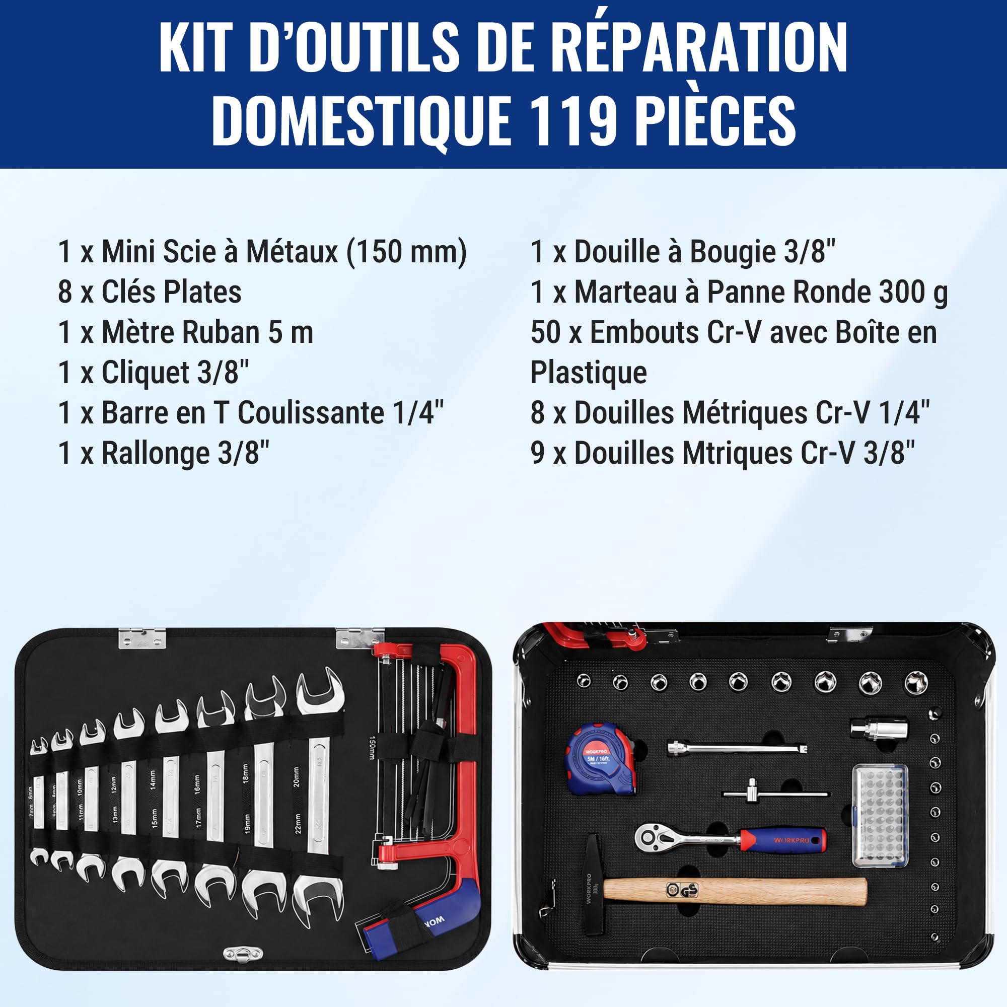 WORKPRO Caisse à Outils Complete Professionnelle | avec Mallette en Aluminium, Boite à Outils Complete pour Réparation Dommestique ou de Travail 119 Pièces