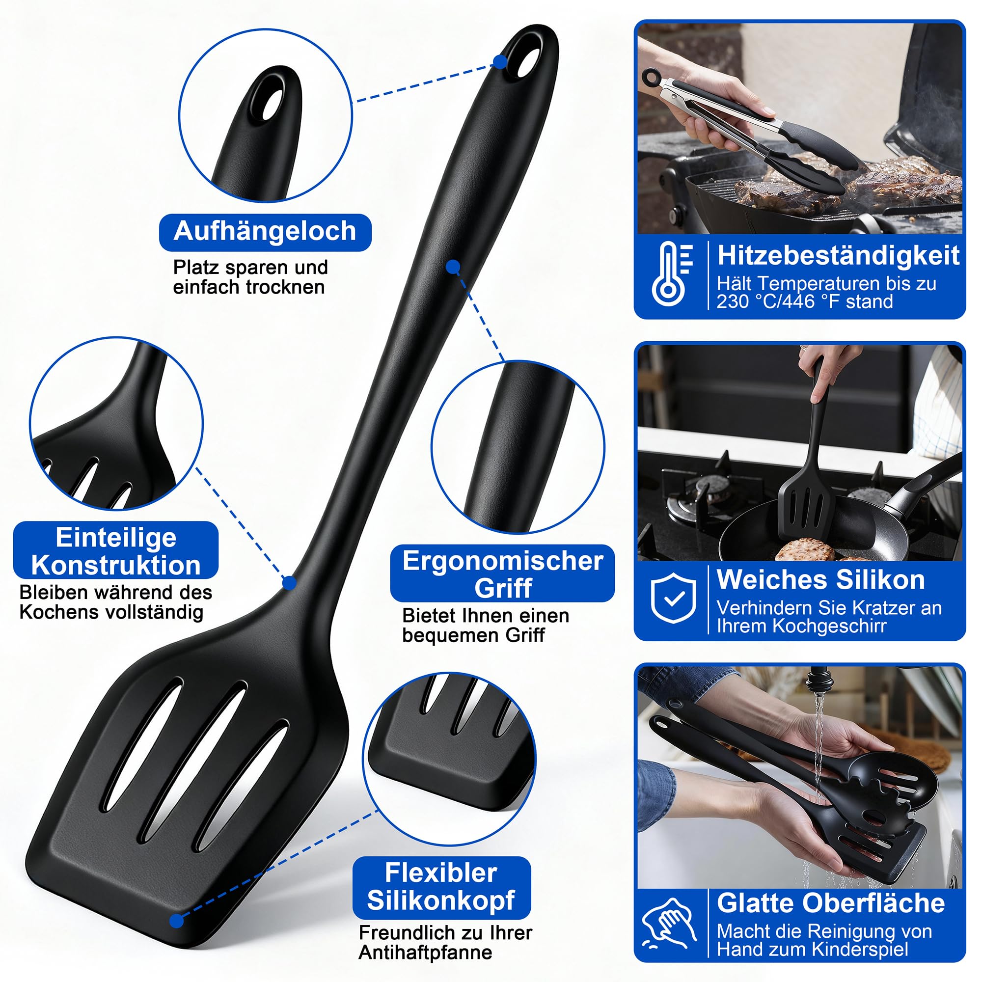 Onader Messerblock mit Messer Set, 22-teiliges Edelstahl Messerset und Silikon Küchenutensilien mit Block, Scharfe Küchenmesser Set mit Wetzstahl, Profi Kochmesser mit Küchenhelfer für Kochen, Schwarz