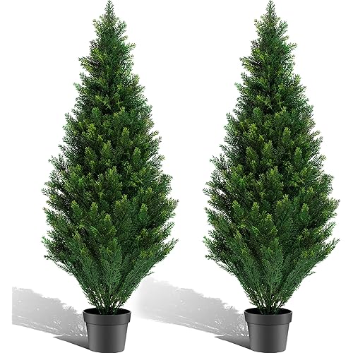 POZOY 2 Pack 4ft Artificial Cedar Topiary Trees, Outdoor Faux Arborvitae Plants UV Resistant, Anti-Fading, Lasting Evergreen Pine Shrubs for Indoor, Front Porch, Office Decor