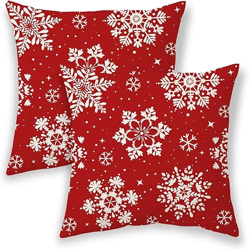 Fundas de almohada de Navidad de 18 x 18 pulgadas, 2 unidades, copos de nieve rojos y blancos, almohadas decorativas para sofá, decoración de