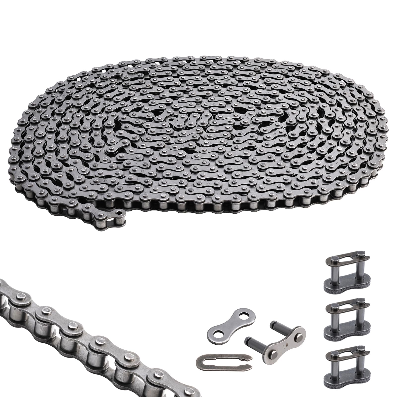 #41 Roller Chain 10 Feet for Electric Gate Openers with 4 Connecting Links, Carbon Steel Chains for Automatic Sliding Gate Opener Operator Garage Hanger Door Go Karts ATVs Dirt Bikes