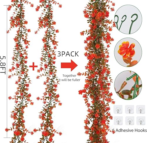 Miniatura 8 de Hojas falsas de otoño, flores artificiales, guirnalda de otoño artificial colgante de eucalipto con flores, hojas de otoño sintéticas, guirnaldas de