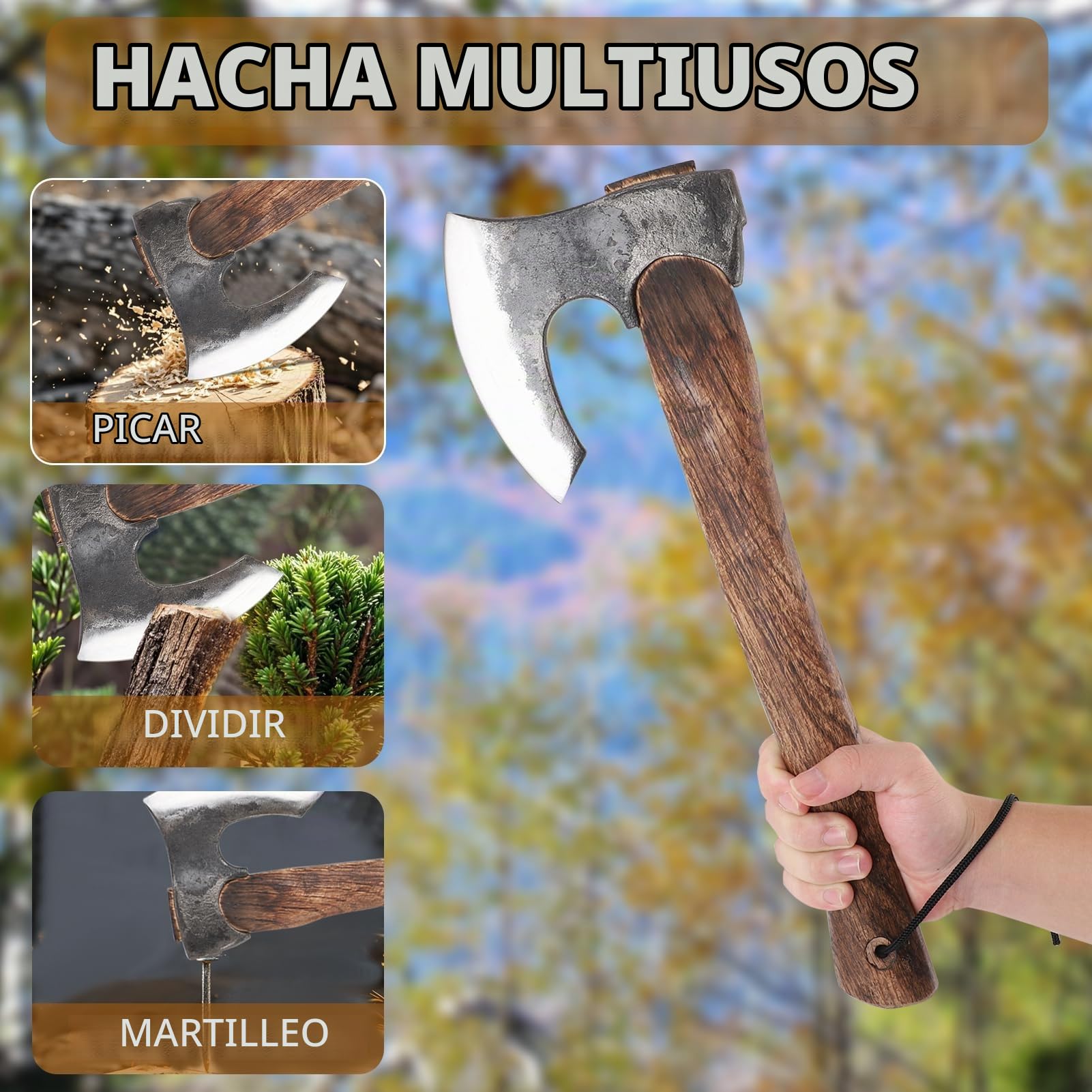 Hacha vikinga, hecha a mano, caza, hacha de camping, hacha outdoor, hacha nórdica de supervivencia para camping, hacha bushcraft para aventuras outdoor Acero al carbono 1095, mango de palisandro, idea
