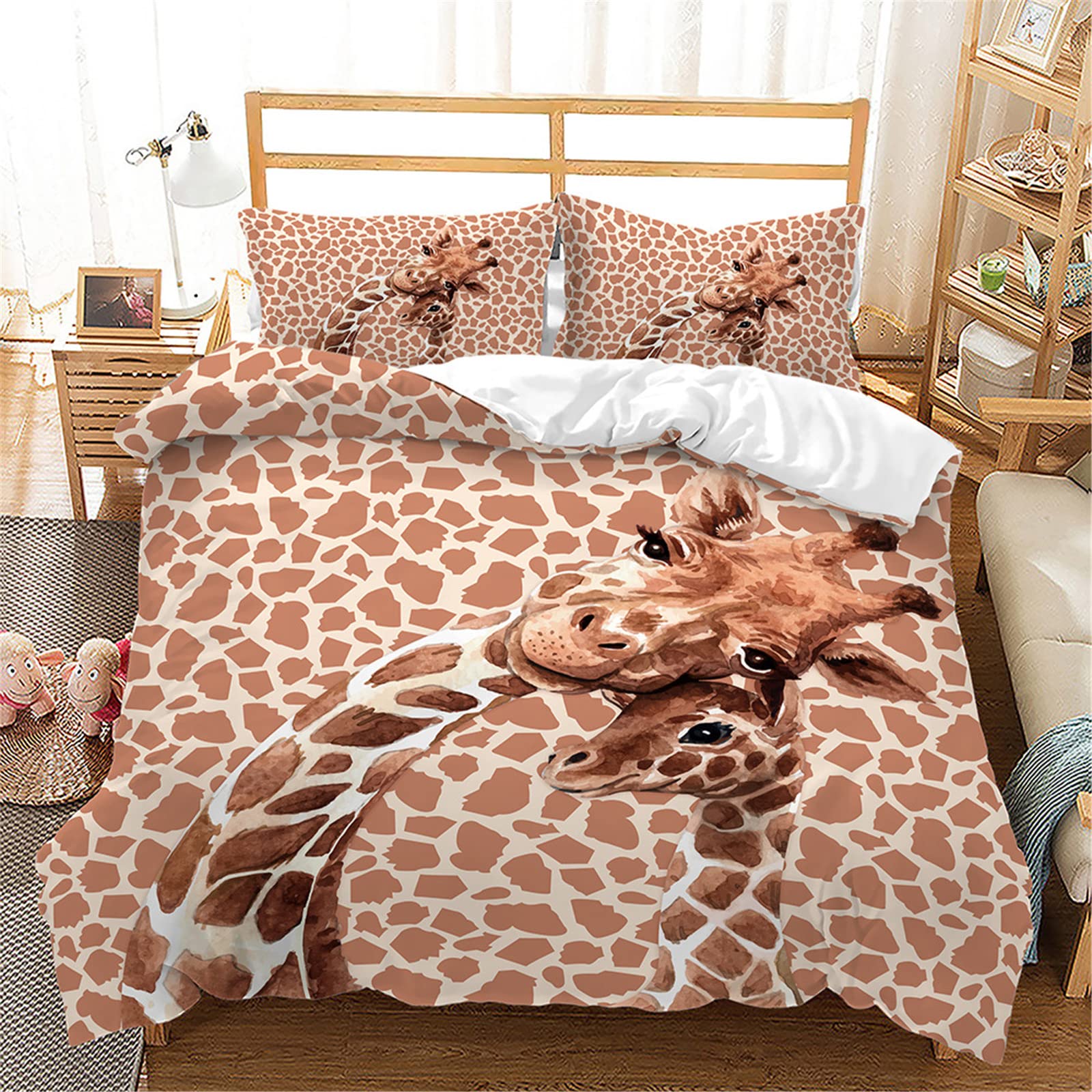 Mateju Men's Brown Giraffe Duvet Cover Set 3 Piece For Single Double Super King Size Bed, 3D Animal Printed Bedding Set Microfibre Bed Set With Quilt Case And Pillowcases 50X75cm (,240X220cm)