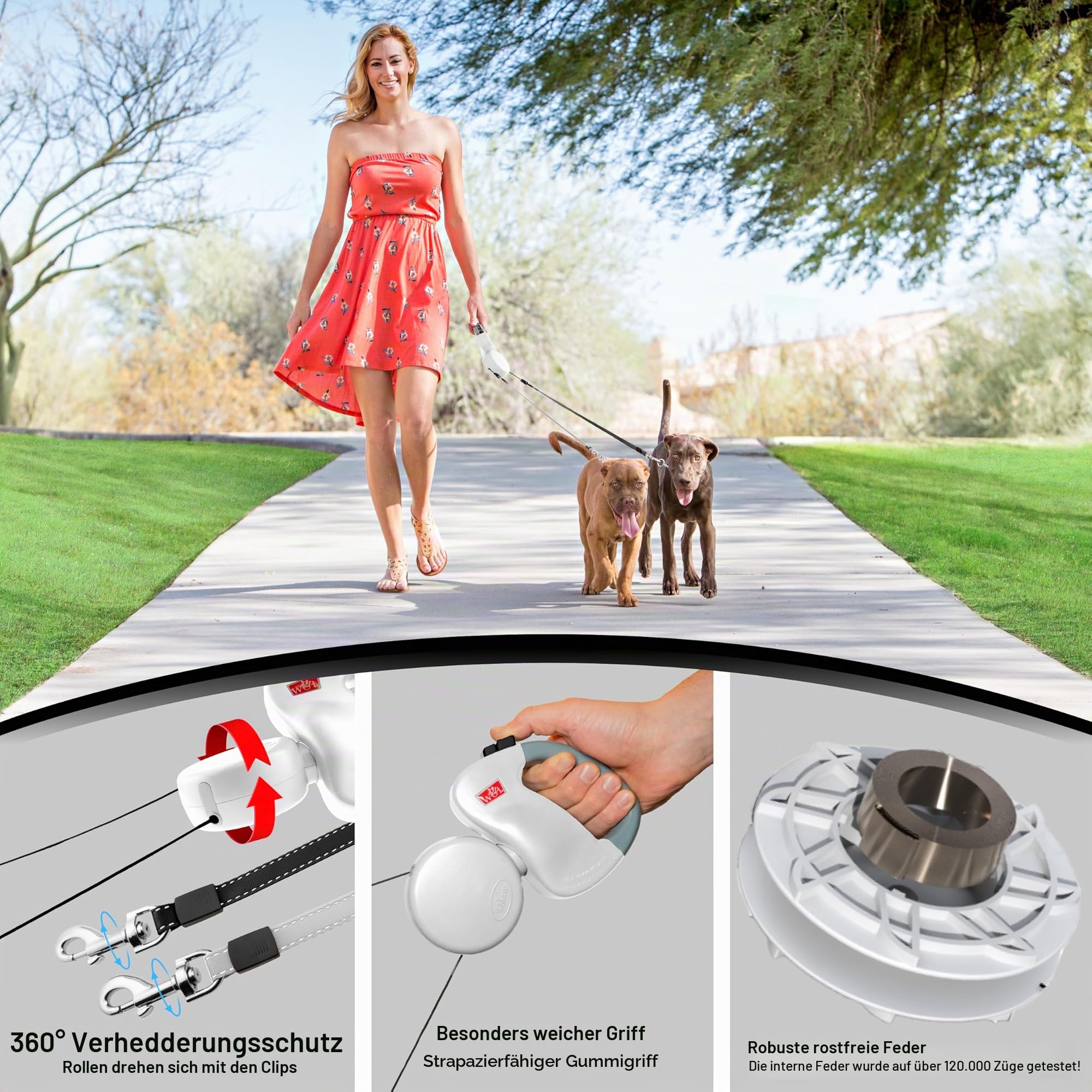 WIGZI - 2025 Enhanced Edition – Dual (2) einziehbare Hundeleine, automatische Entwirrung, unterstützt bis zu 22,7 kg Hunde, 3 m Abstand pro Hund, farbcodierte Kontrolle, reflektierende Leinen